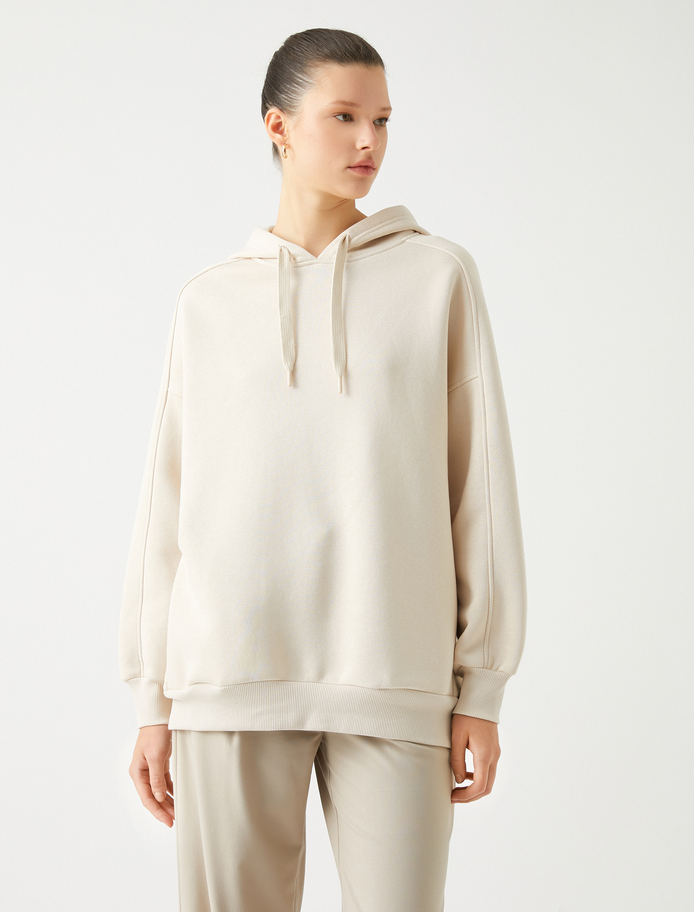   Şardonlu Kapüşonlu Oversize Sweatshirt Uzun Kollu Ribanalı