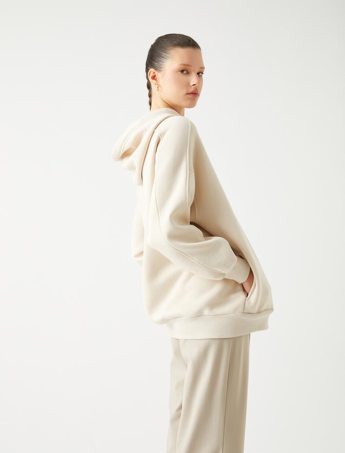  Şardonlu Kapüşonlu Oversize Sweatshirt Uzun Kollu Ribanalı