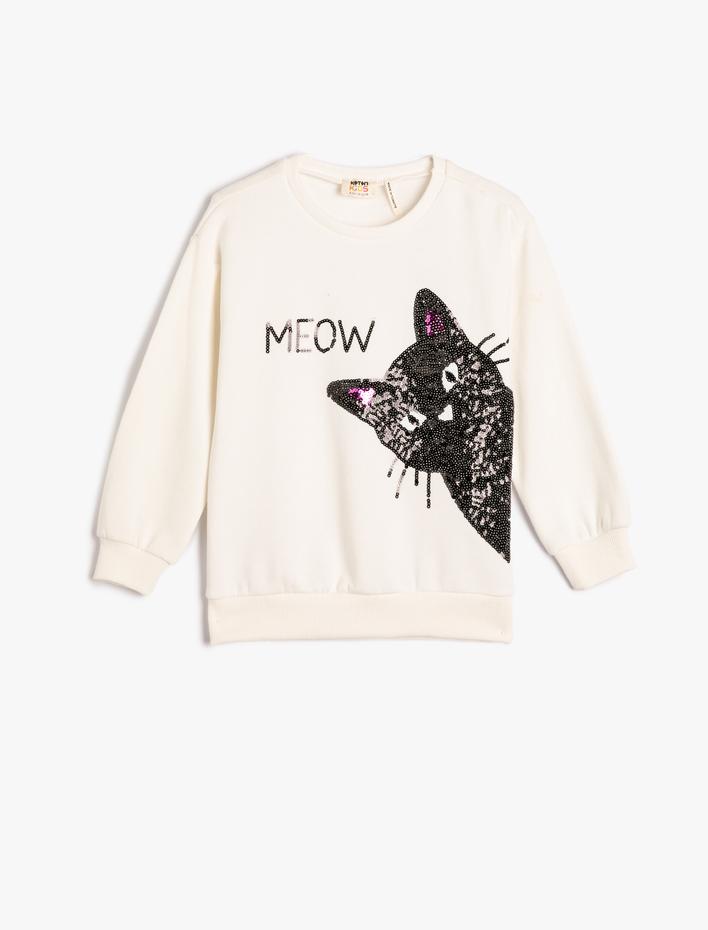 Kız Çocuk Sweatshirt Kedi Pul-Payet İşlemeli Şardonlu Bisiklet Yaka