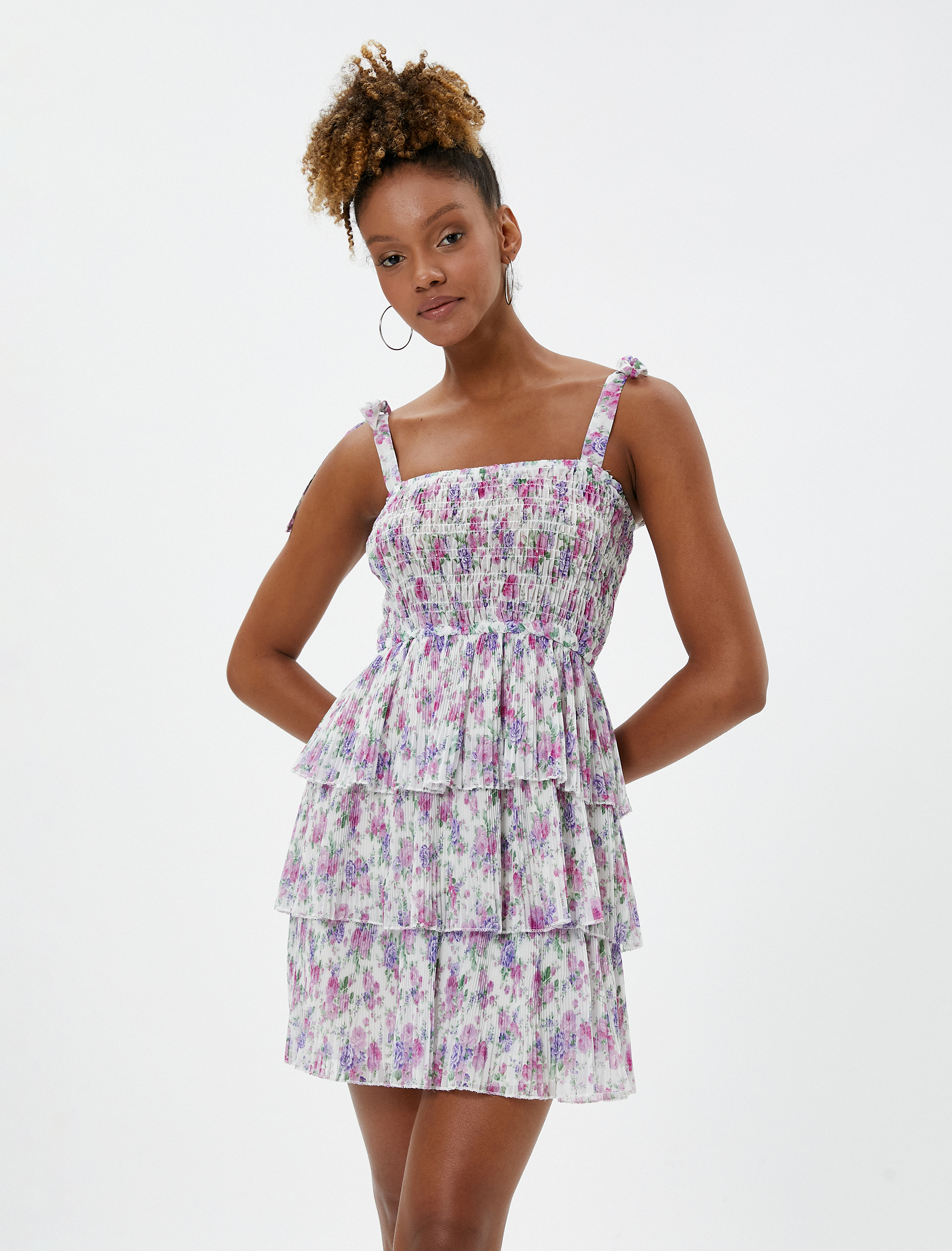   Mini Çiçekli Elbise Askılı Katlı Pileli