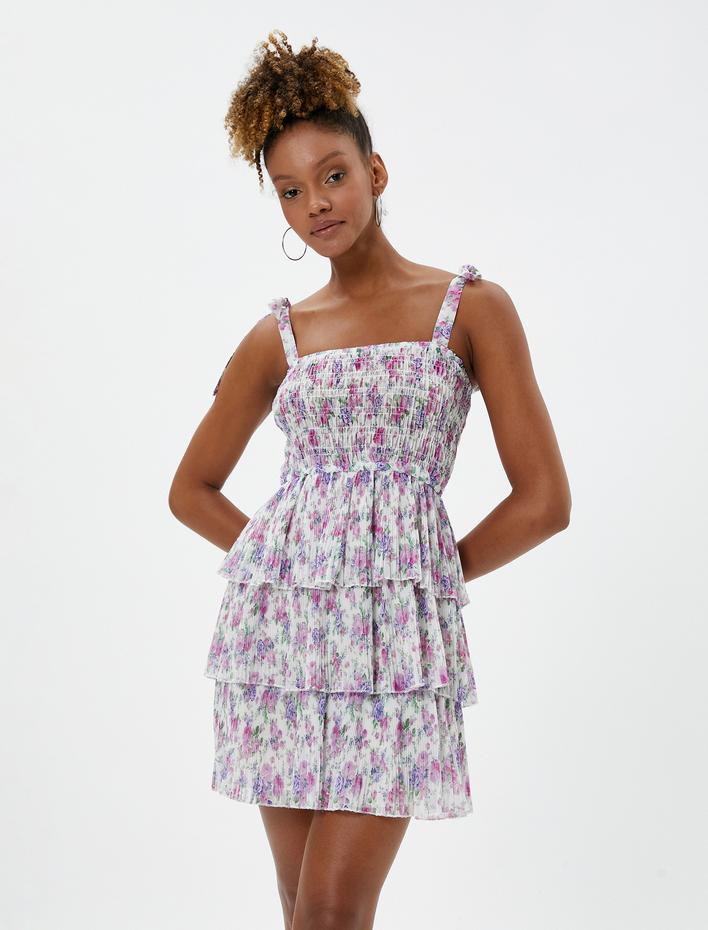  Mini Çiçekli Elbise Askılı Katlı Pileli