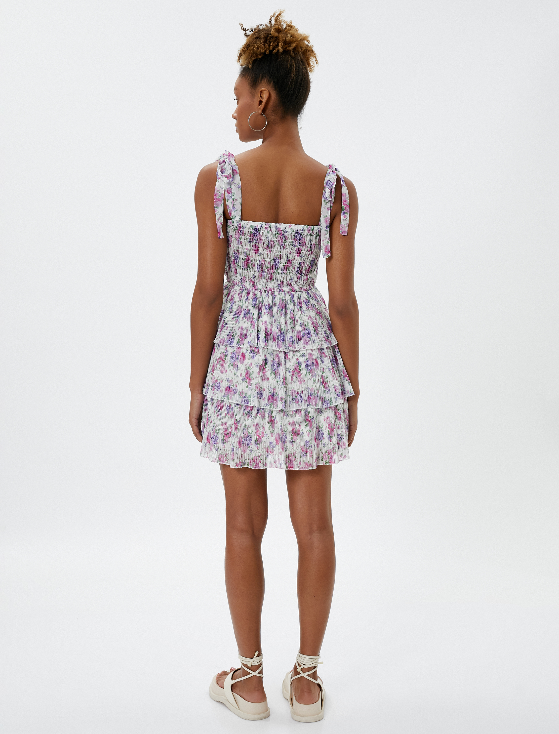   Mini Çiçekli Elbise Askılı Katlı Pileli