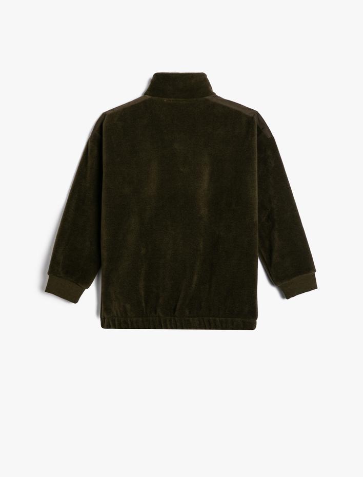 Erkek Çocuk Polar Sweatshirt Oversize Yarım Fermuarlı Dik Yaka Cepli Baskı Detaylı