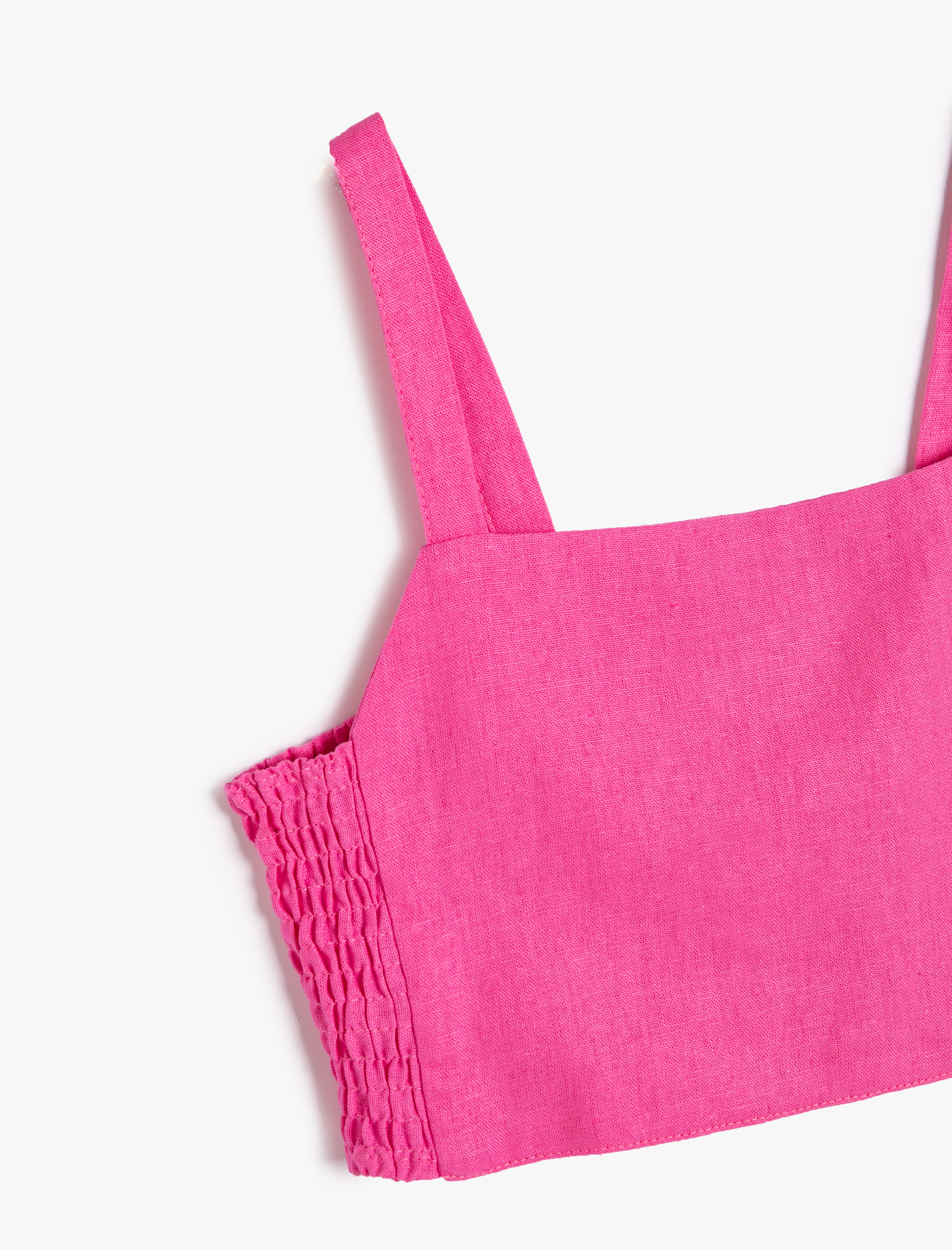  Kız Çocuk Crop Keten Bluz Askılı Arkası Pencere Detaylı Gipeli