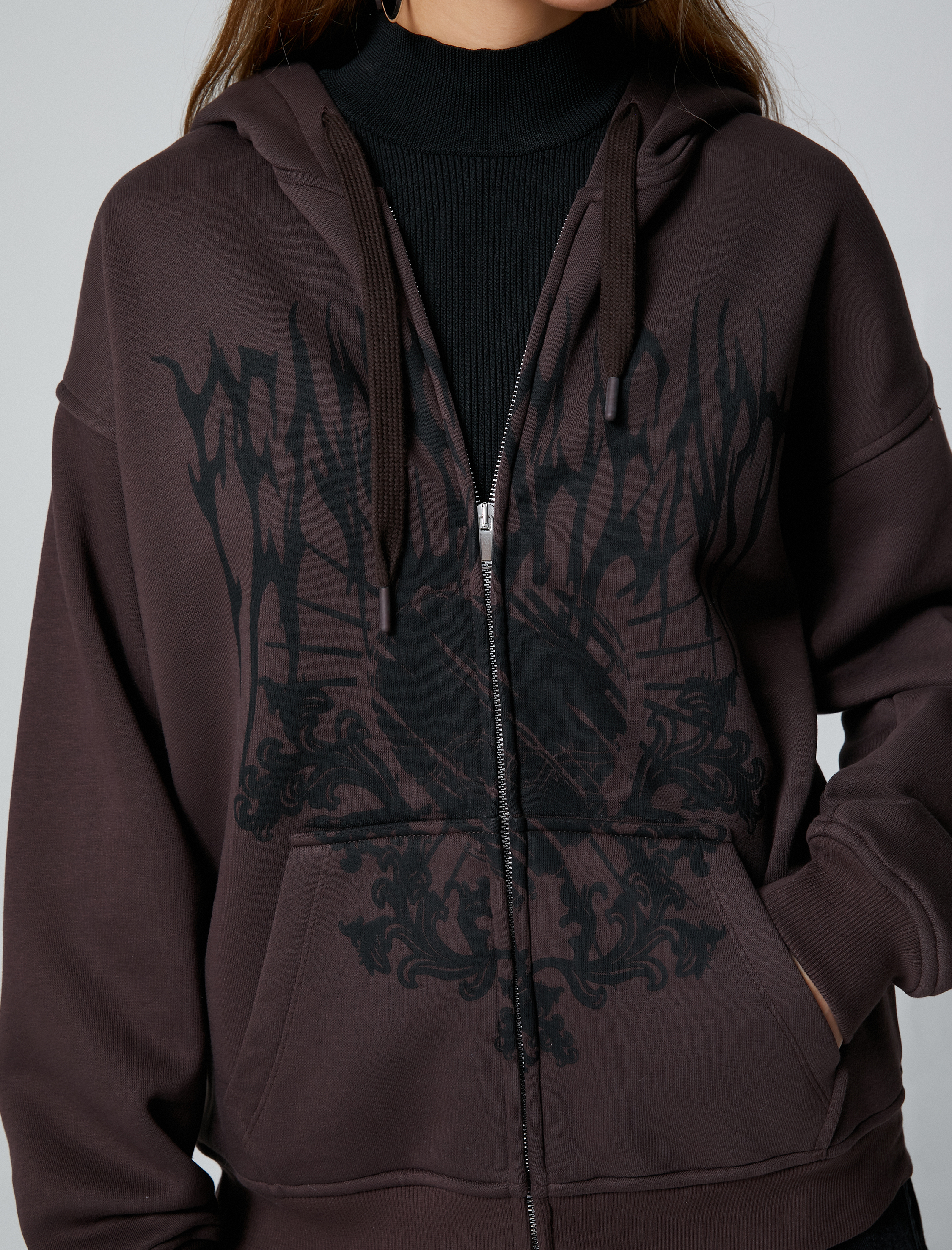 Şardonlu Fermuarlı Sweatshirt Kapüşonlu Baskılı Kanguru Cepli