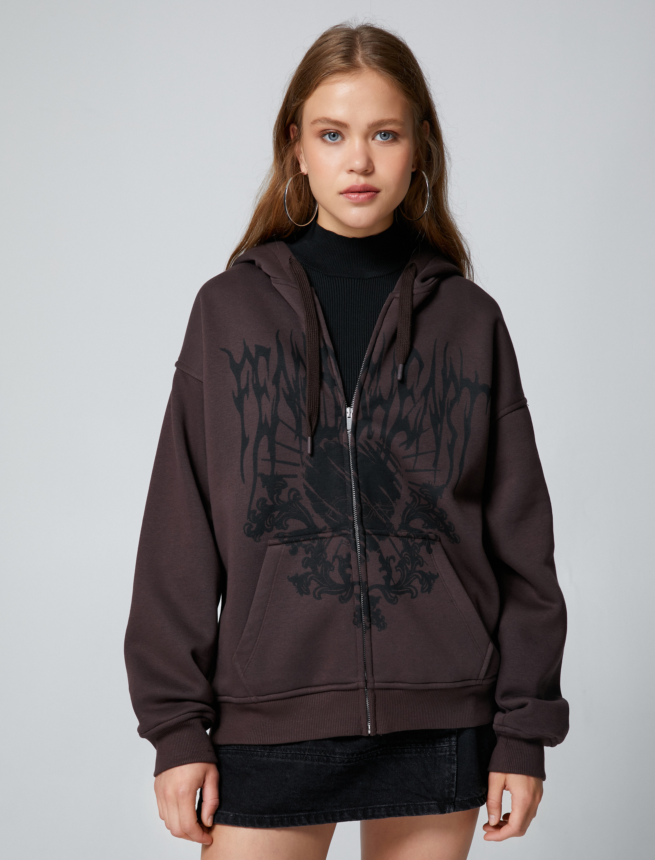 Şardonlu Fermuarlı Sweatshirt Kapüşonlu Baskılı Kanguru Cepli