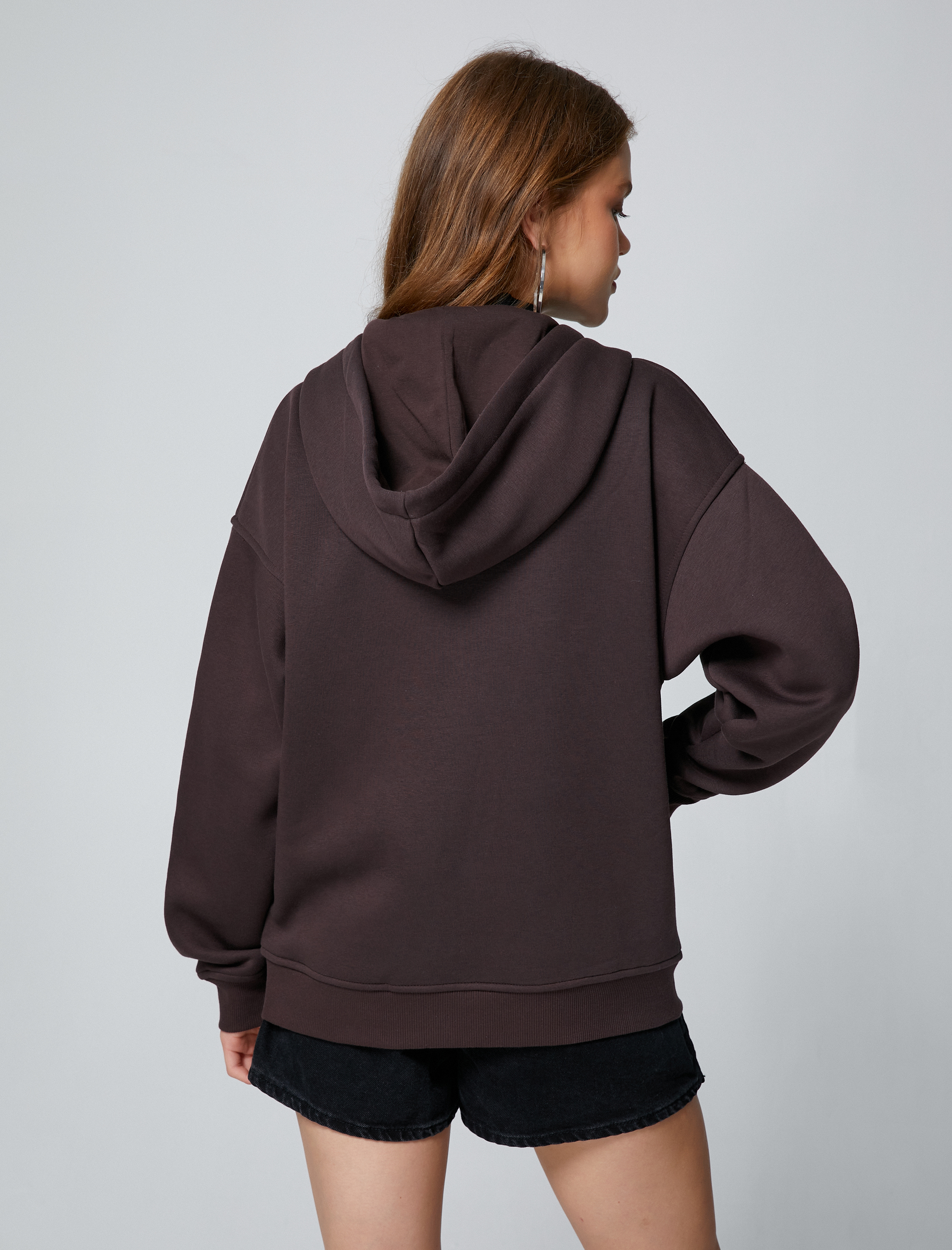 Şardonlu Fermuarlı Sweatshirt Kapüşonlu Baskılı Kanguru Cepli