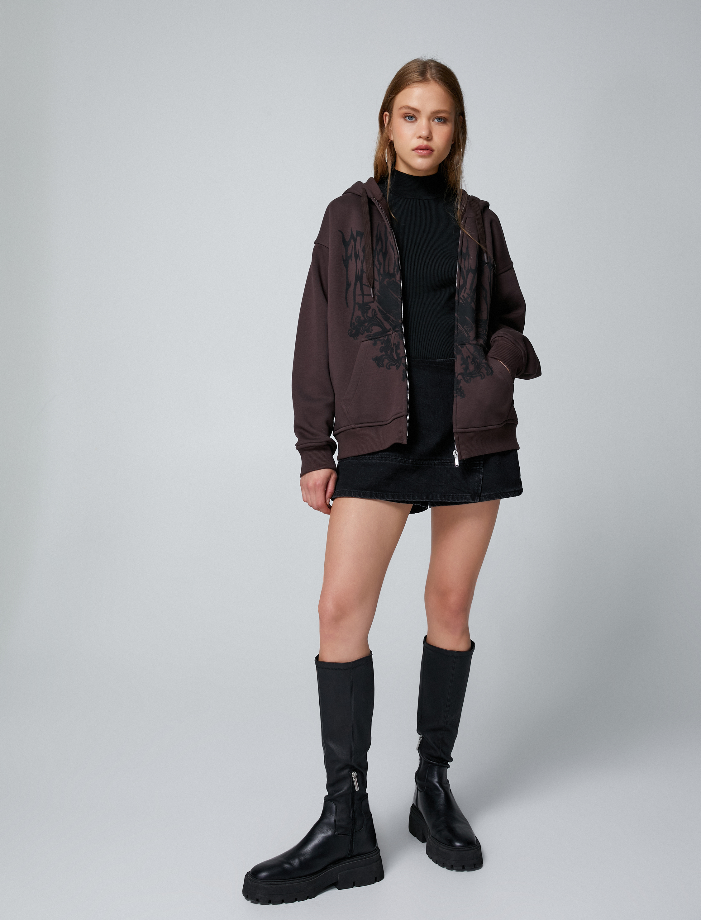 Şardonlu Fermuarlı Sweatshirt Kapüşonlu Baskılı Kanguru Cepli
