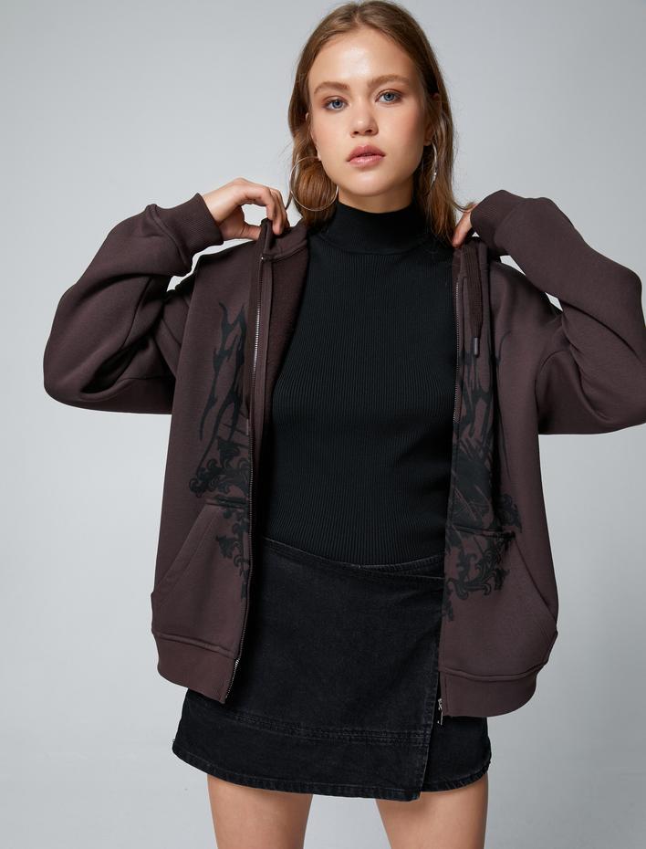  Şardonlu Fermuarlı Sweatshirt Kapüşonlu Baskılı Kanguru Cepli