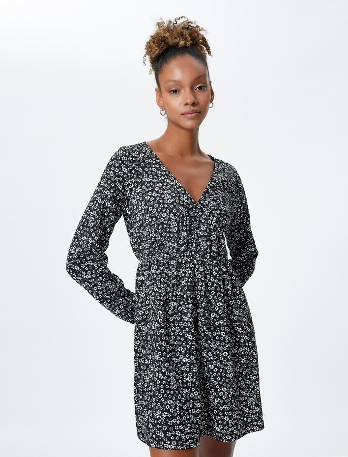  Çiçekli Mini Elbise Uzun Kollu V Yaka Bürümcük