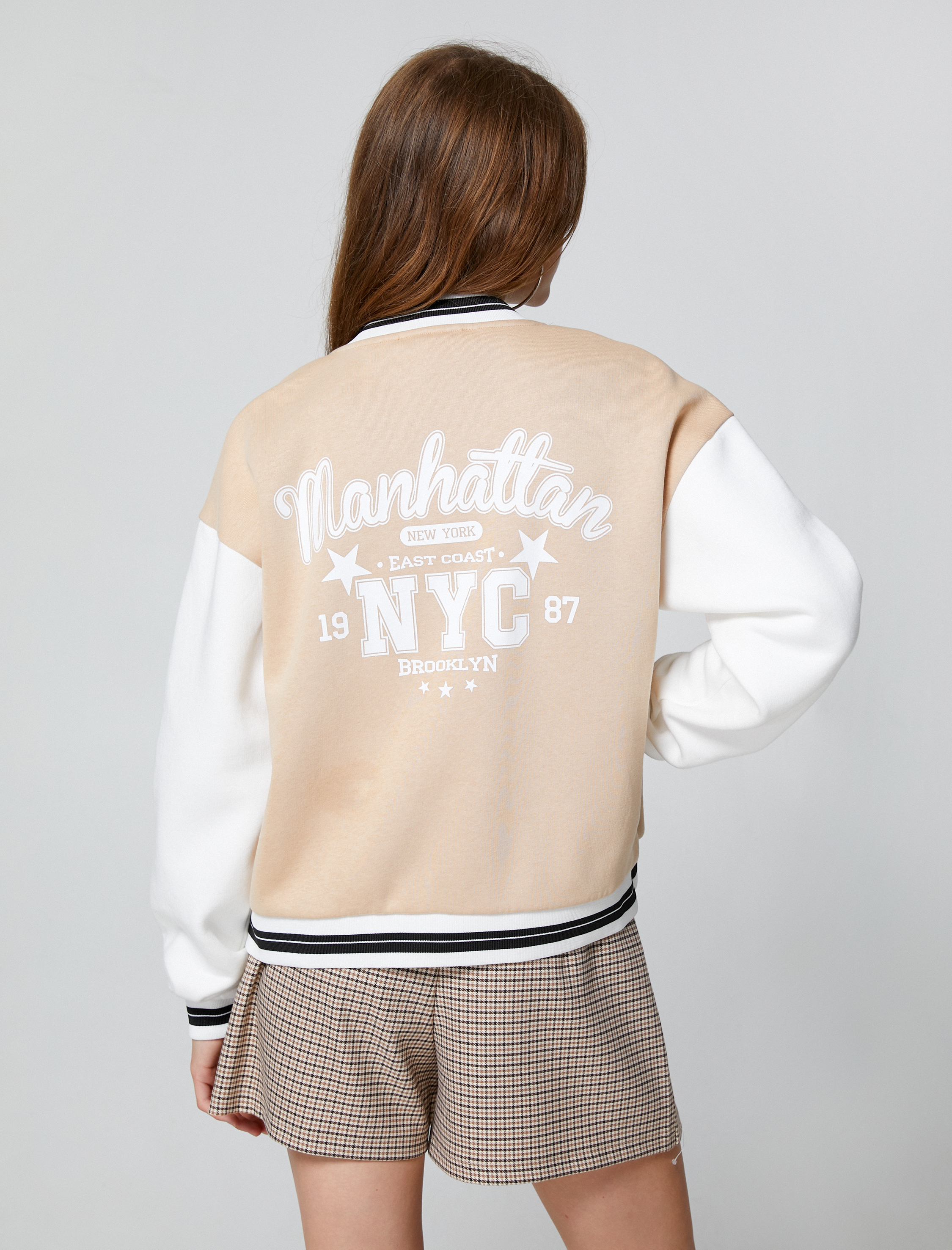   Şardonlu Kolej Ceket Bomber Yaka Baskılı Çıtçıt Düğmeli Cep Detaylı