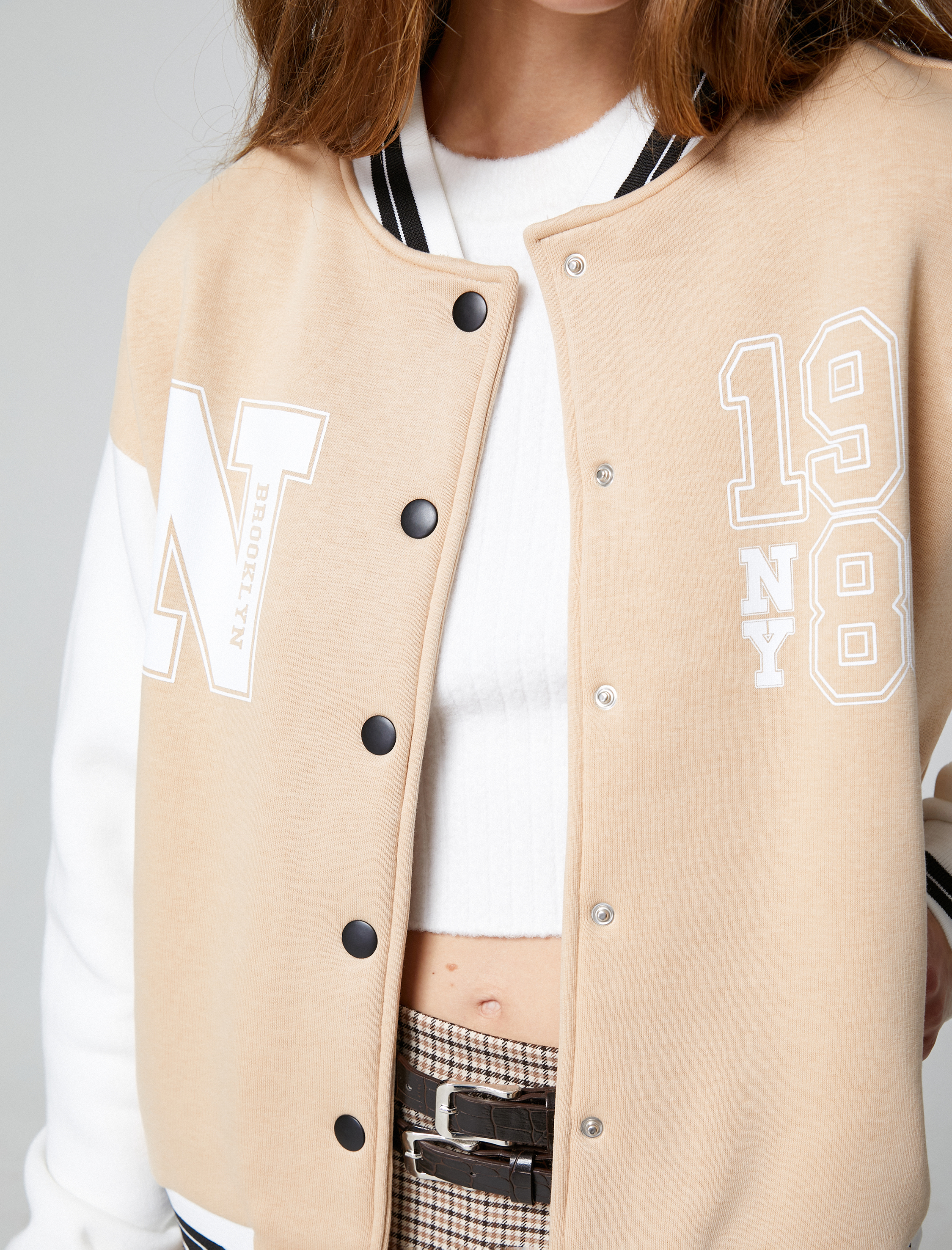   Şardonlu Kolej Ceket Bomber Yaka Baskılı Çıtçıt Düğmeli Cep Detaylı