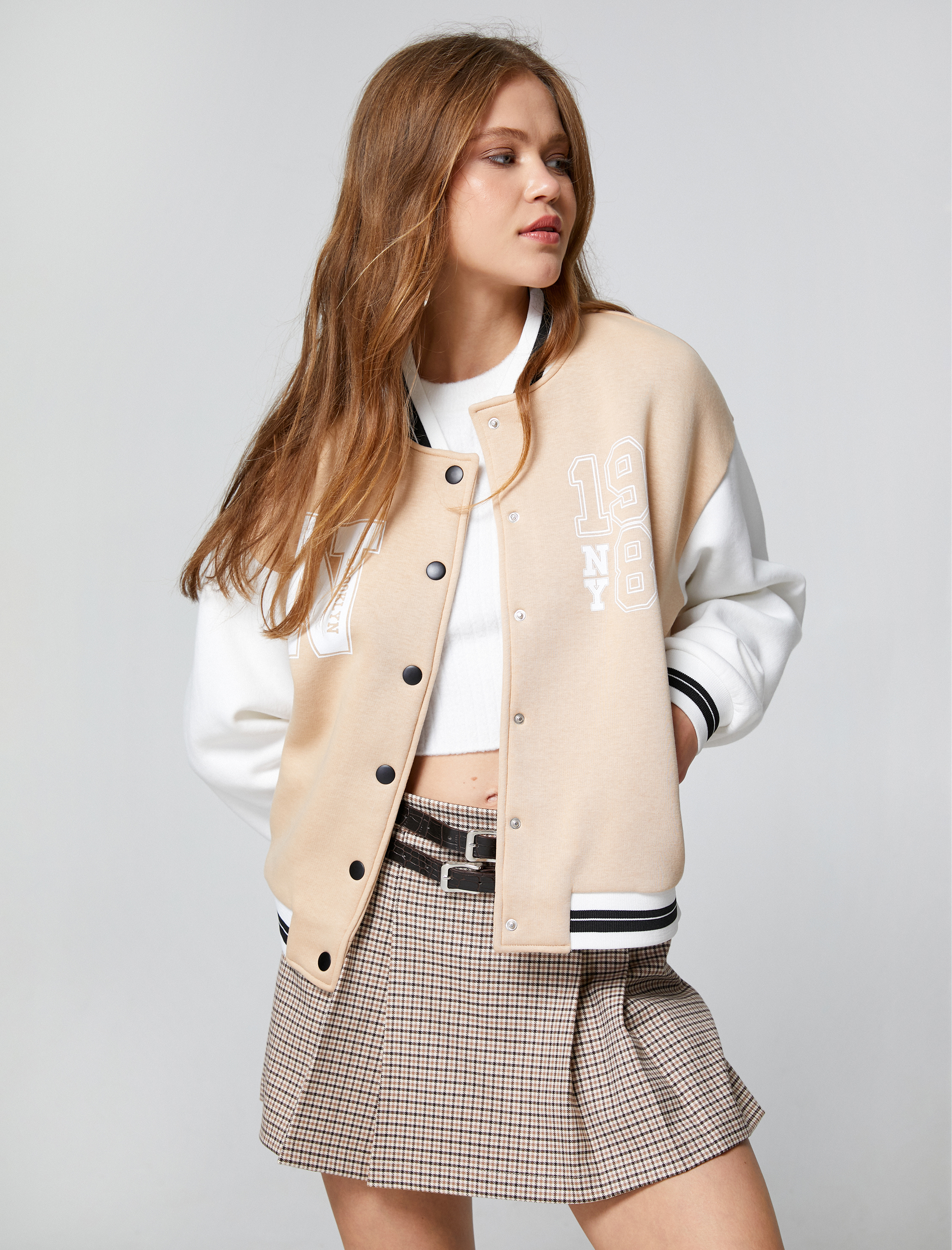   Şardonlu Kolej Ceket Bomber Yaka Baskılı Çıtçıt Düğmeli Cep Detaylı