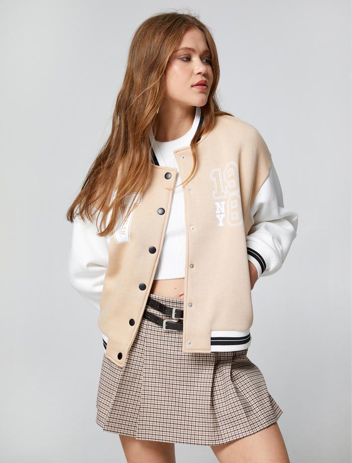  Şardonlu Kolej Ceket Bomber Yaka Baskılı Çıtçıt Düğmeli Cep Detaylı