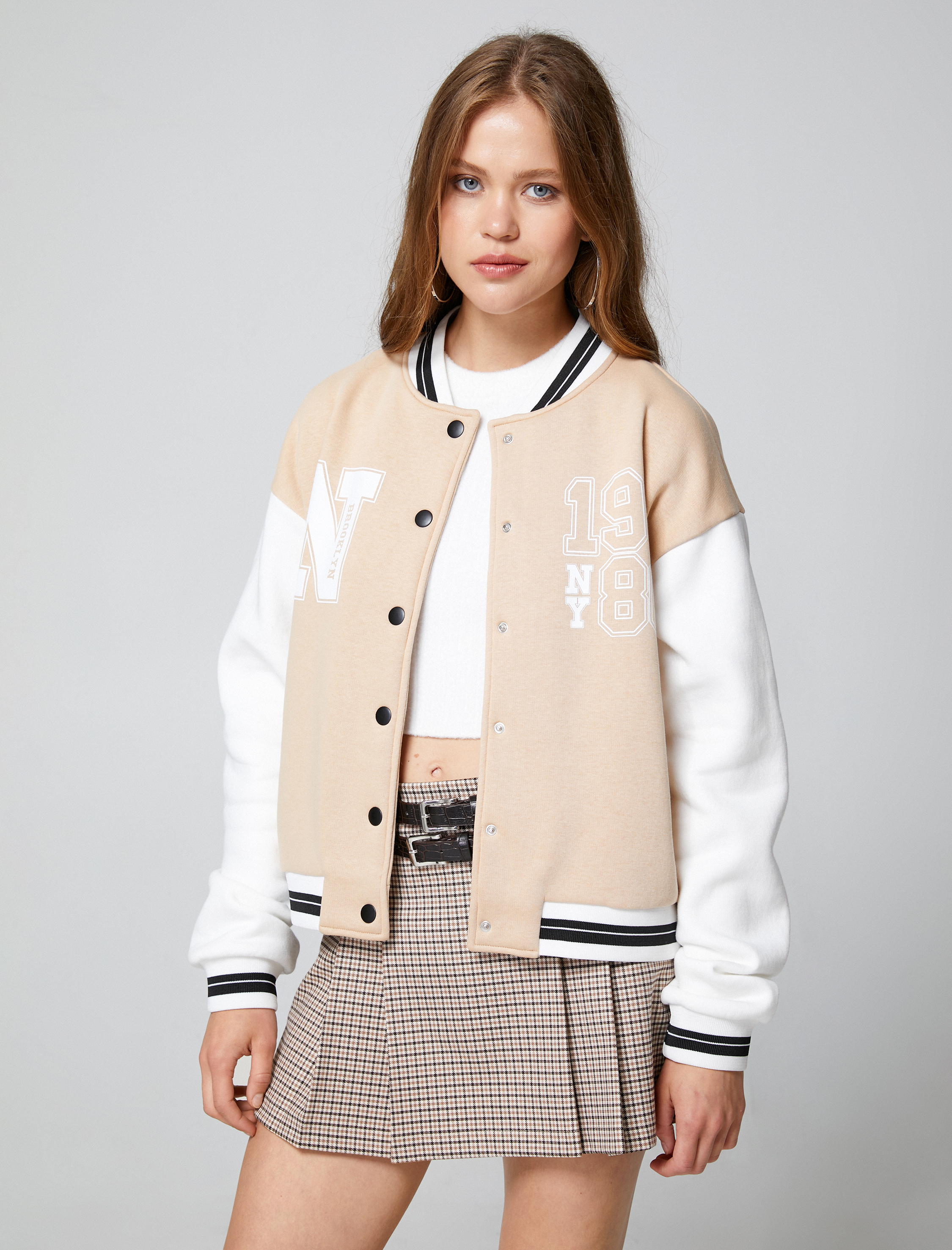   Şardonlu Kolej Ceket Bomber Yaka Baskılı Çıtçıt Düğmeli Cep Detaylı