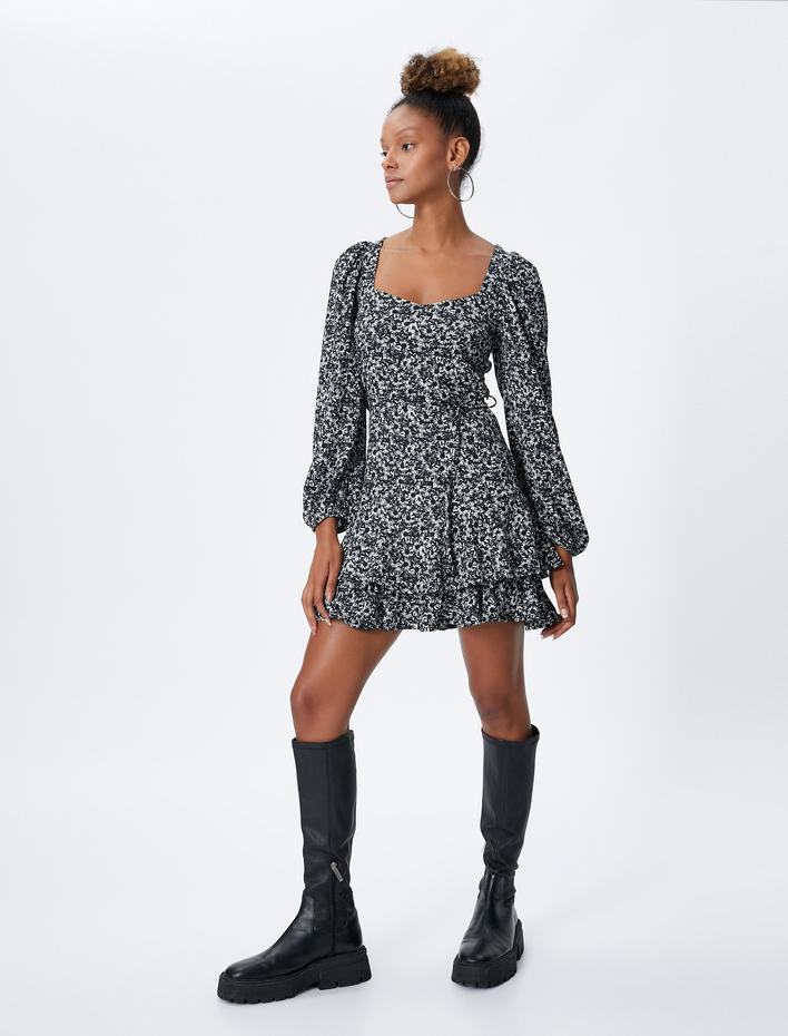  Mini Elbise Çiçekli Balon Kollu Kare Yaka Kuşaklı Bürümcük