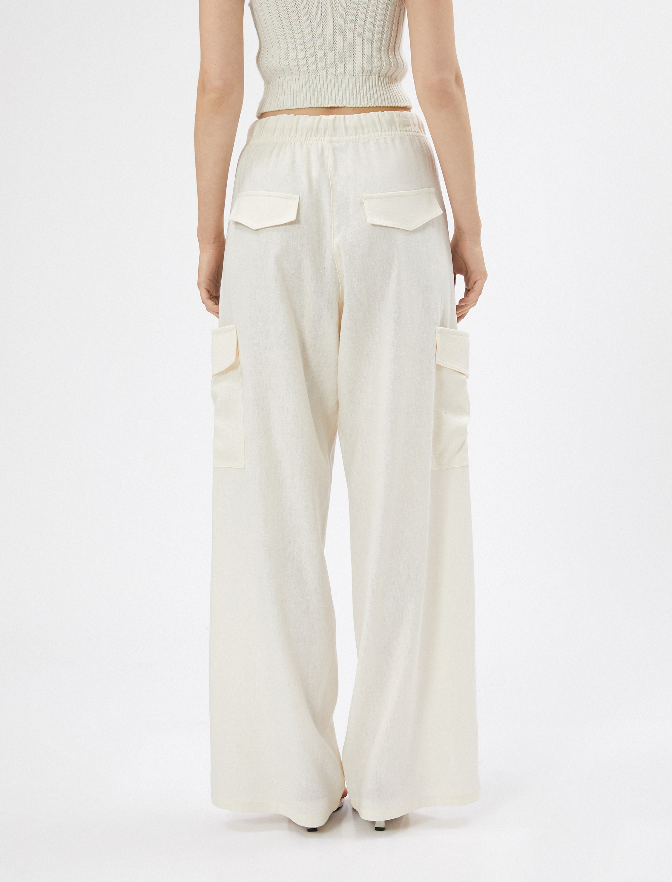   Kargo Pantolon Keten Karışımlı Cep Detaylı Beli Bağcıklı