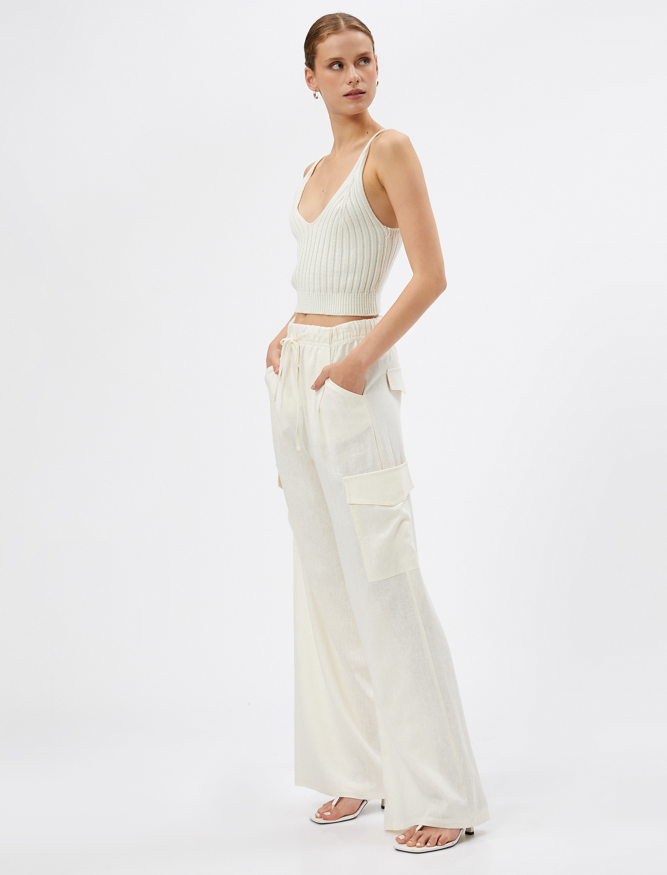   Kargo Pantolon Keten Karışımlı Cep Detaylı Beli Bağcıklı