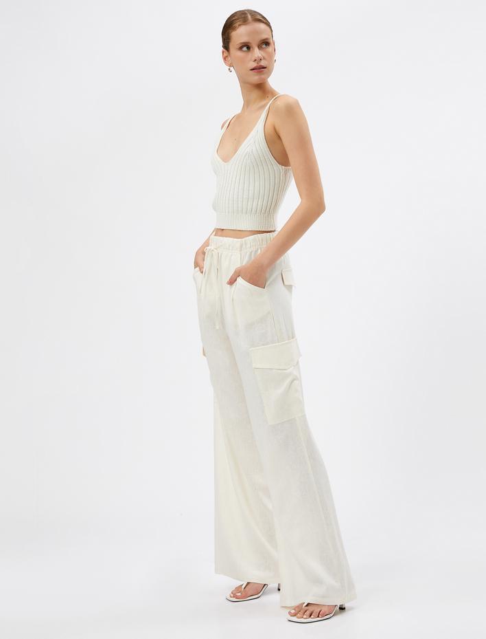  Kargo Pantolon Keten Karışımlı Cep Detaylı Beli Bağcıklı