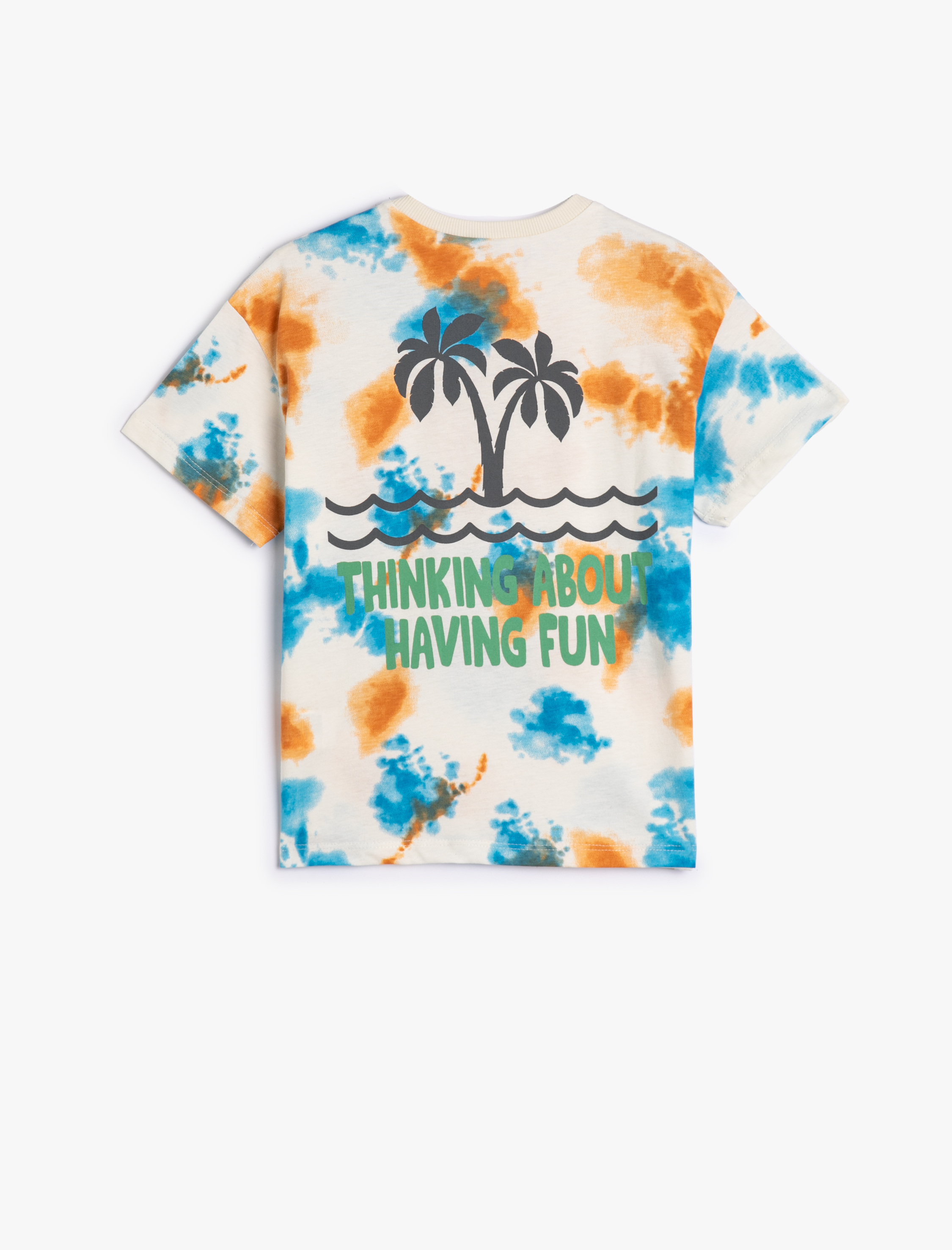  Erkek Çocuk Oversize Tişört Batik Desenli Arkası Palmiye Baskılı Kısa Kollu Pamuklu