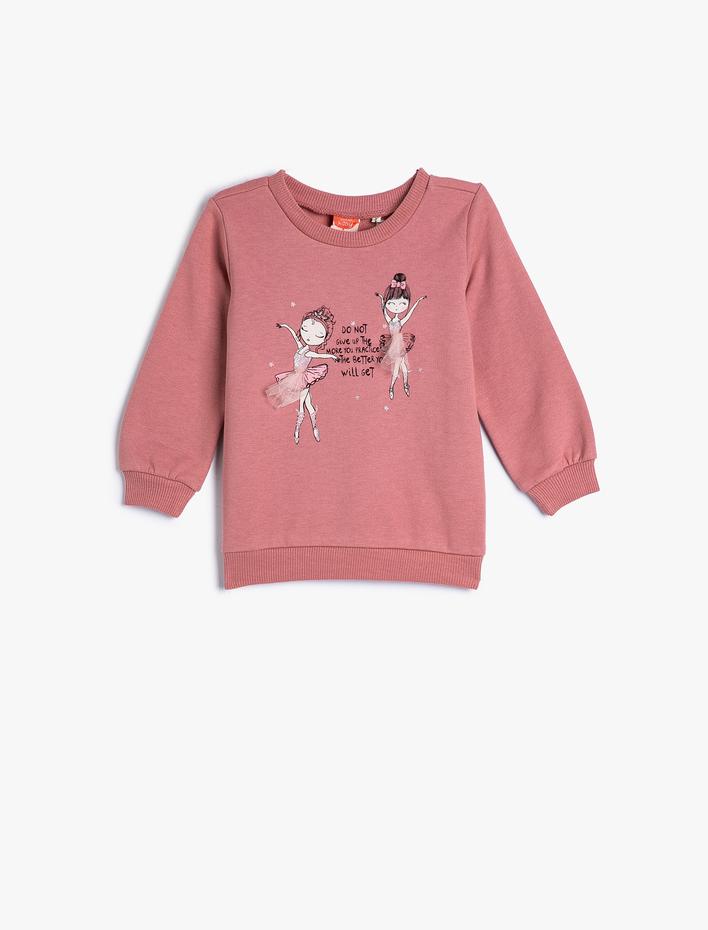 Kız Bebek Sweatshirt  Balerin Baskılı Uzun Kollu Şardonlu Pamuklu Bisiklet Yaka