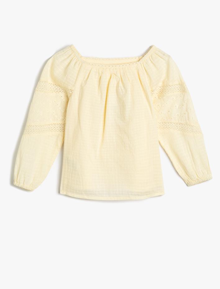 Kız Çocuk Bluz Uzun Kollu Çiçek İşlemeli Brodeli Manşetleri Lastikli Pamuklu