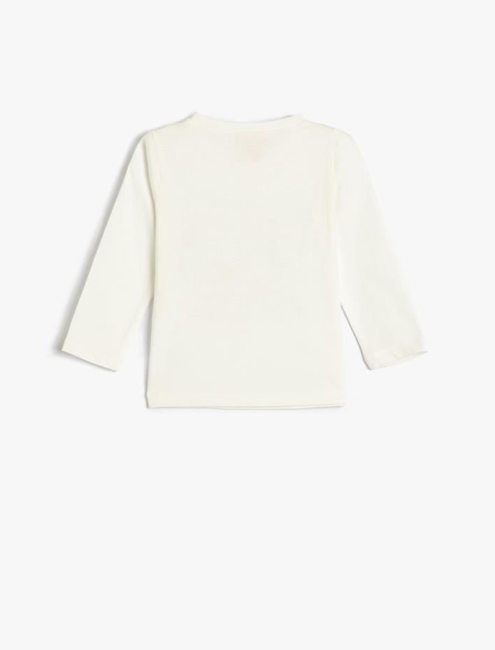 Kız Bebek Uzun Kollu Tişört Pamuklu Bisiklet Yaka Kedi Aplike Detaylı