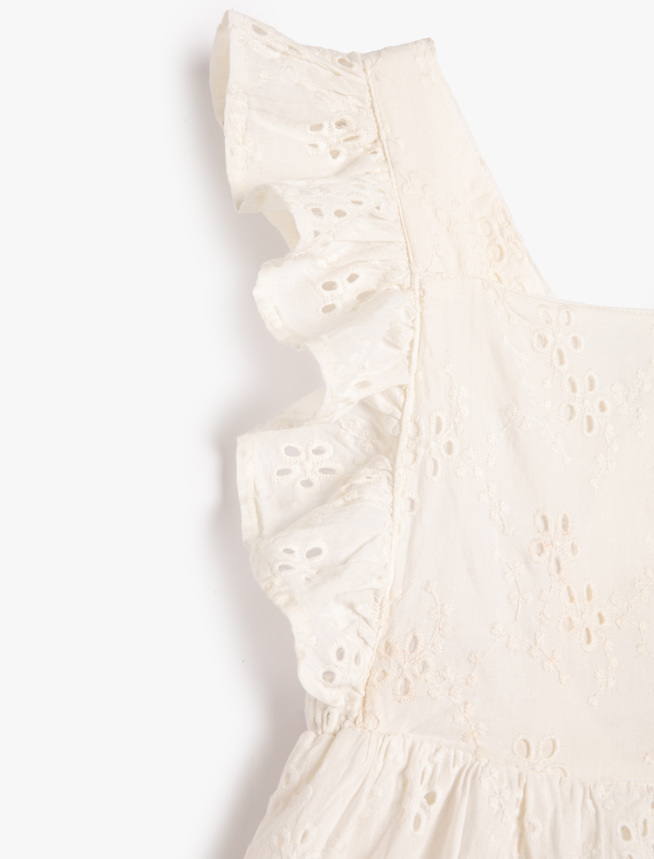  Kız Çocuk Fırfırlı Elbise Çiçekli Brodeli Arkası Çapraz Askılı Pamuklu