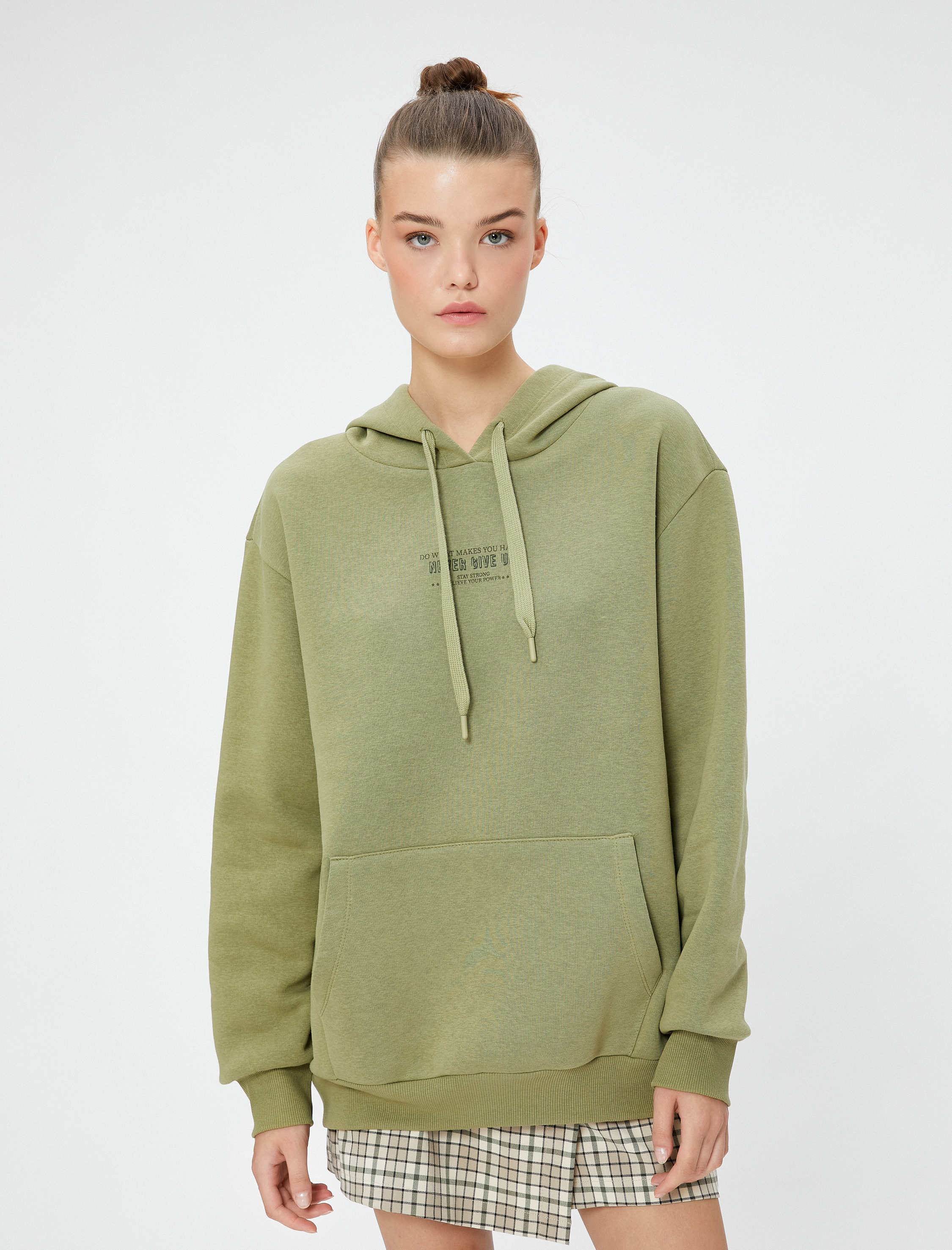   Şardonlu Kapüşonlu Sweatshirt Slogan İşlemeli Rahat Kesim Kanguru Cepli