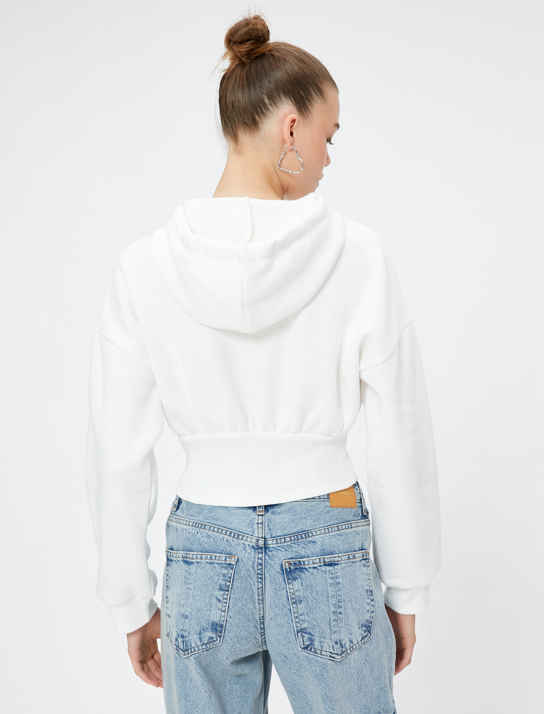   Şardonlu Crop Sweatshirt Baskılı Kapüşonlu Korse Görünümlü Rahat Kesim