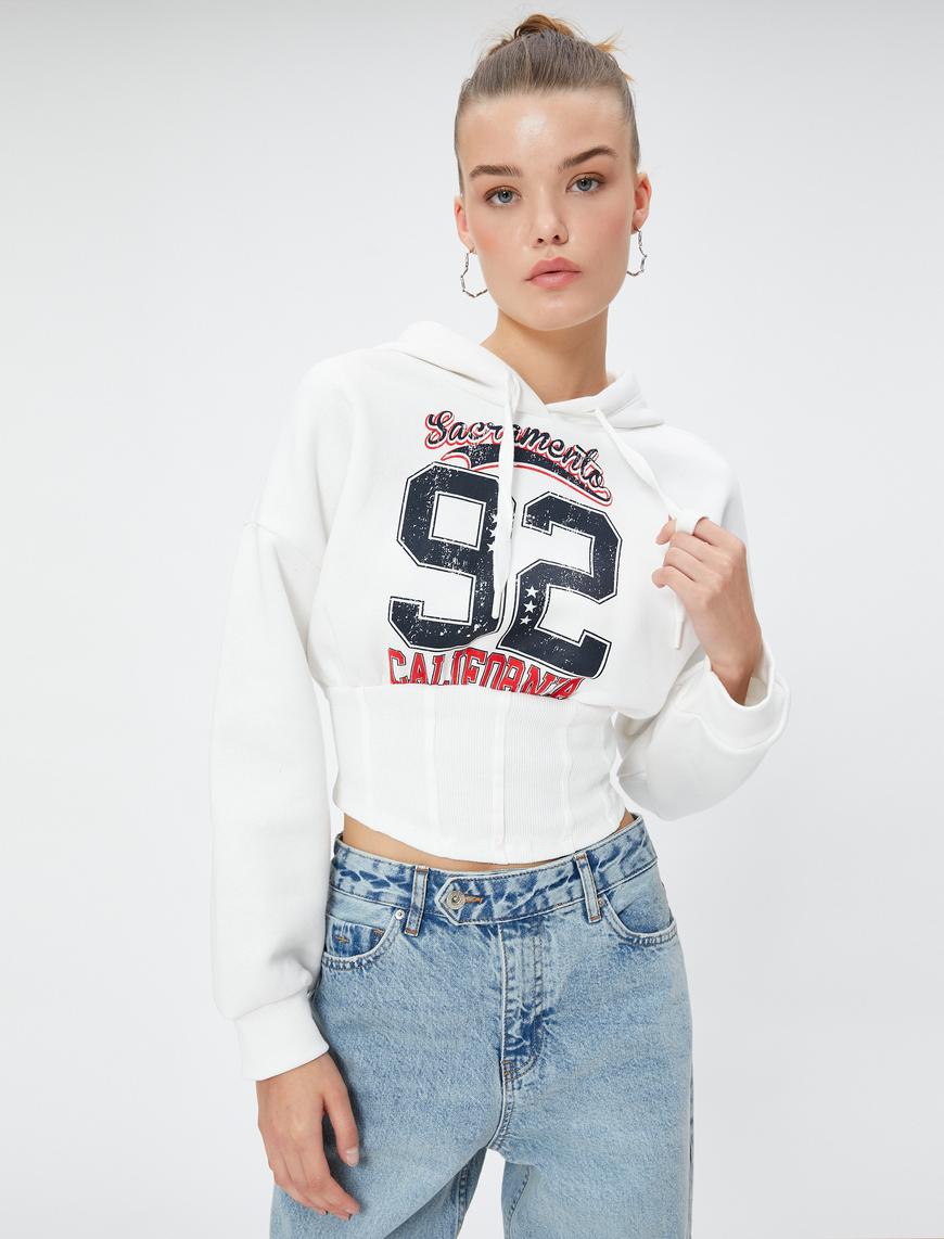   Crop Sweatshirt Baskılı Kapüşonlu Korse Görünümlü Rahat Kesim