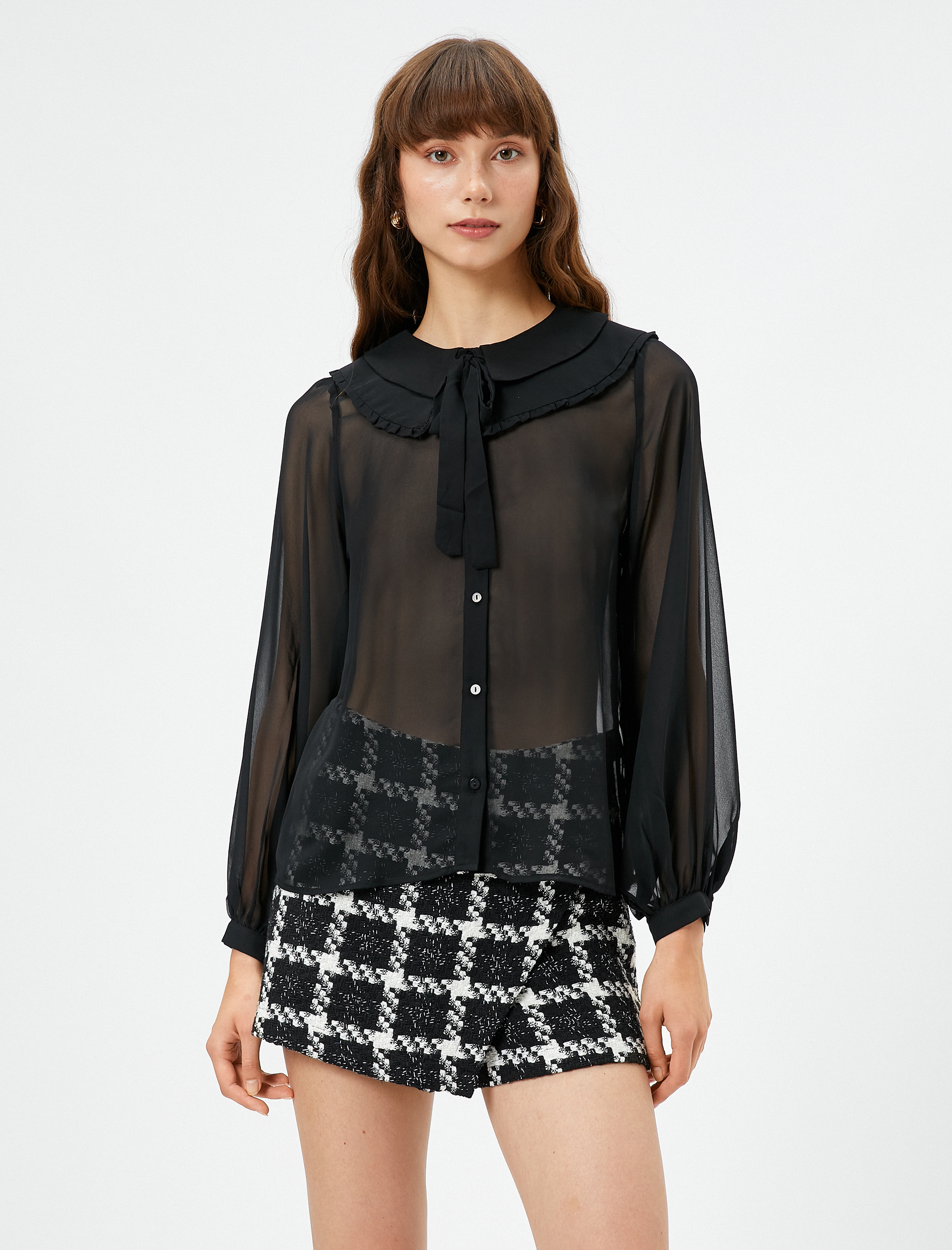 Şifon Bebe Yaka Gömlek Kurdele Detaylı Fırfırlı Uzun Kollu