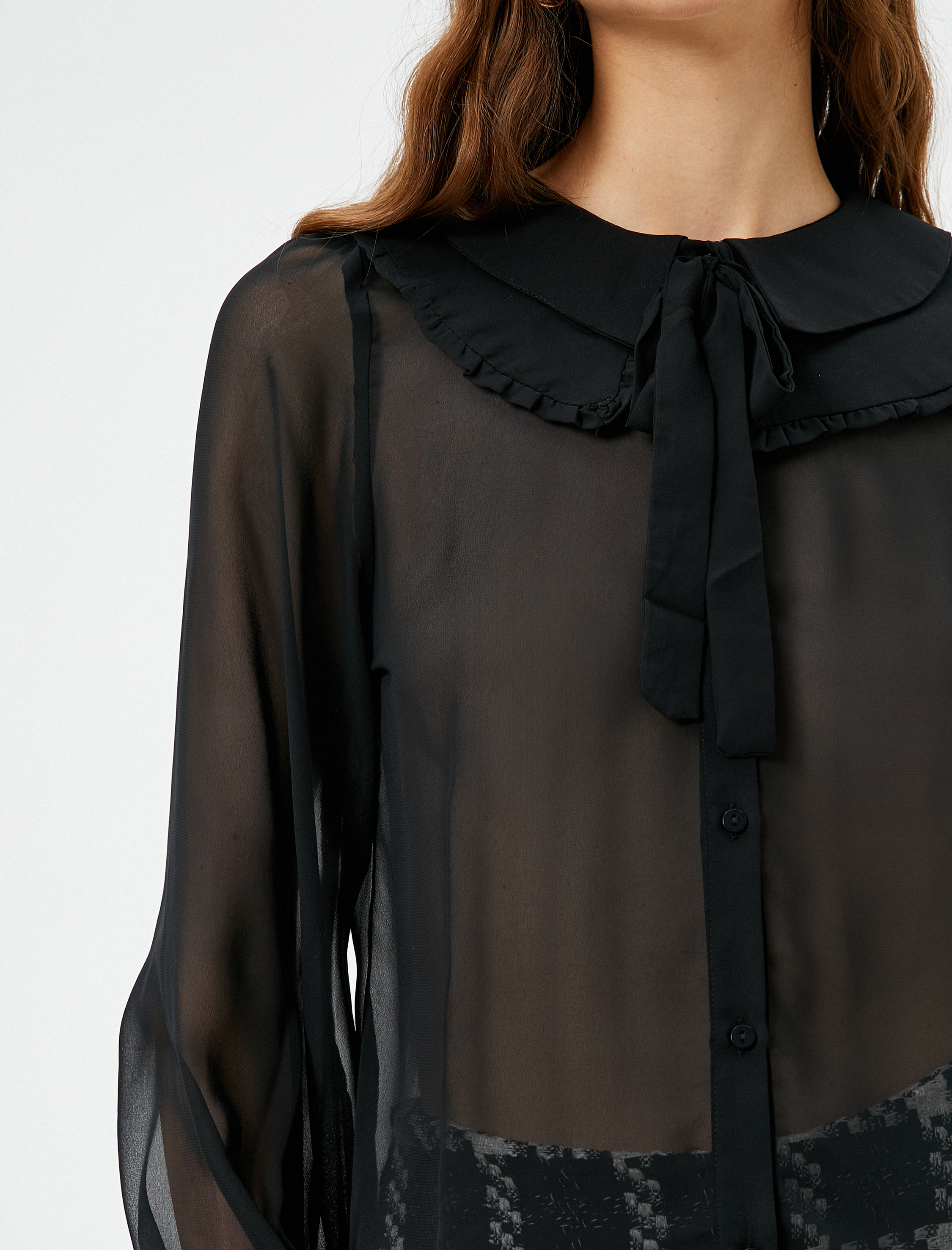 Şifon Bebe Yaka Gömlek Kurdele Detaylı Fırfırlı Uzun Kollu