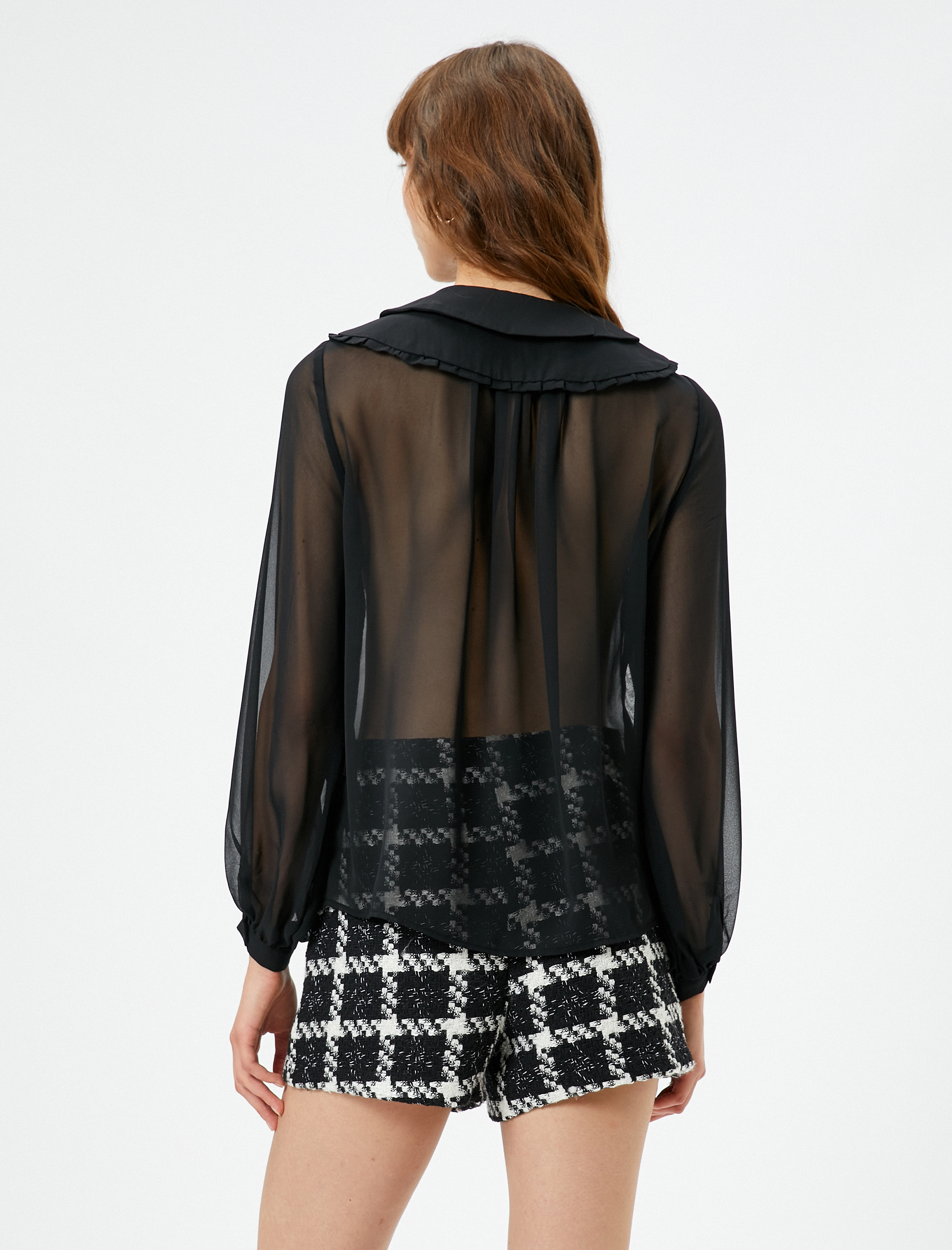 Şifon Bebe Yaka Gömlek Kurdele Detaylı Fırfırlı Uzun Kollu