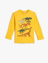 Dinozorlu Tişört Uzun Kollu Bisiklet Yaka Pamuklu