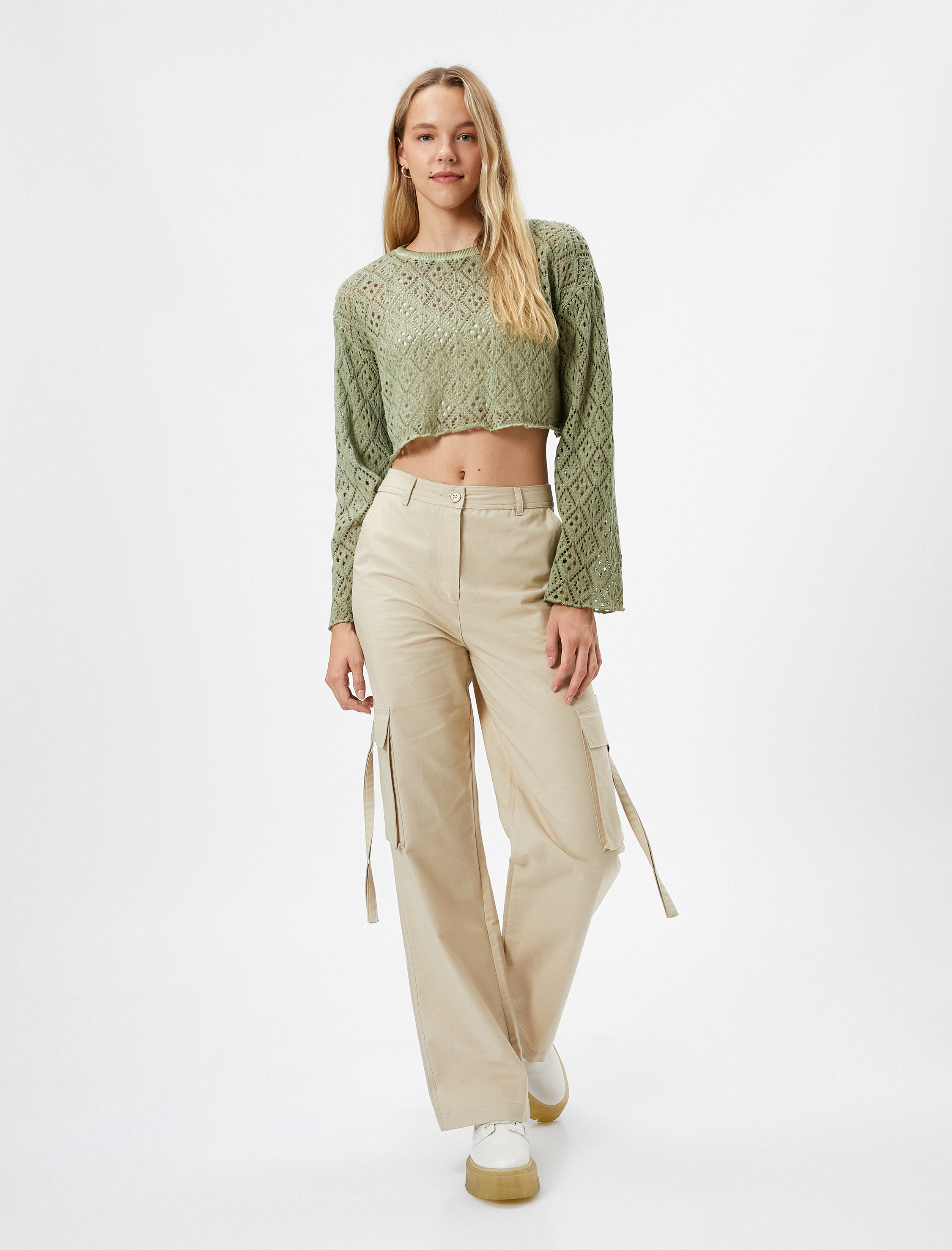 Uzun Kollu Tişört Crop Ajurlu Rahat Kesim Bisiklet Yaka