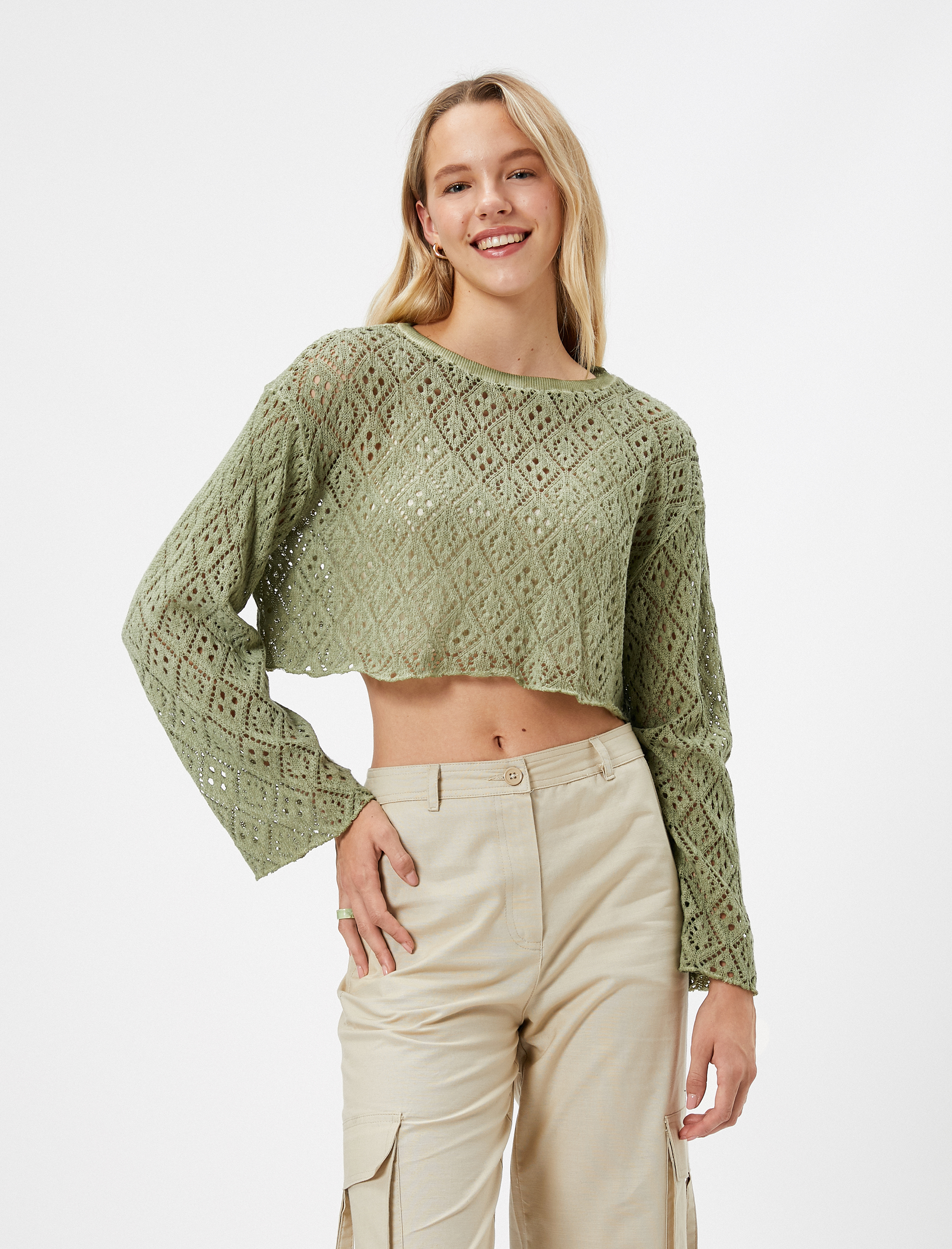 Uzun Kollu Tişört Crop Ajurlu Rahat Kesim Bisiklet Yaka