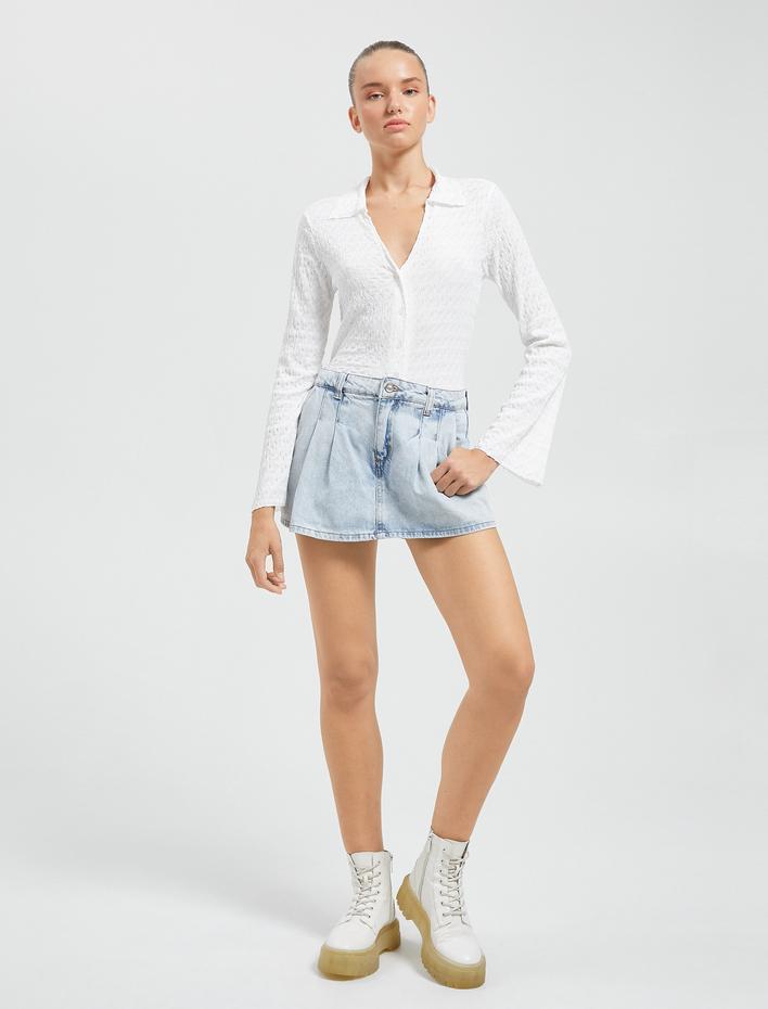  Uzun Kollu Tişört Gömlek Yaka Düğmeli Bürümcük