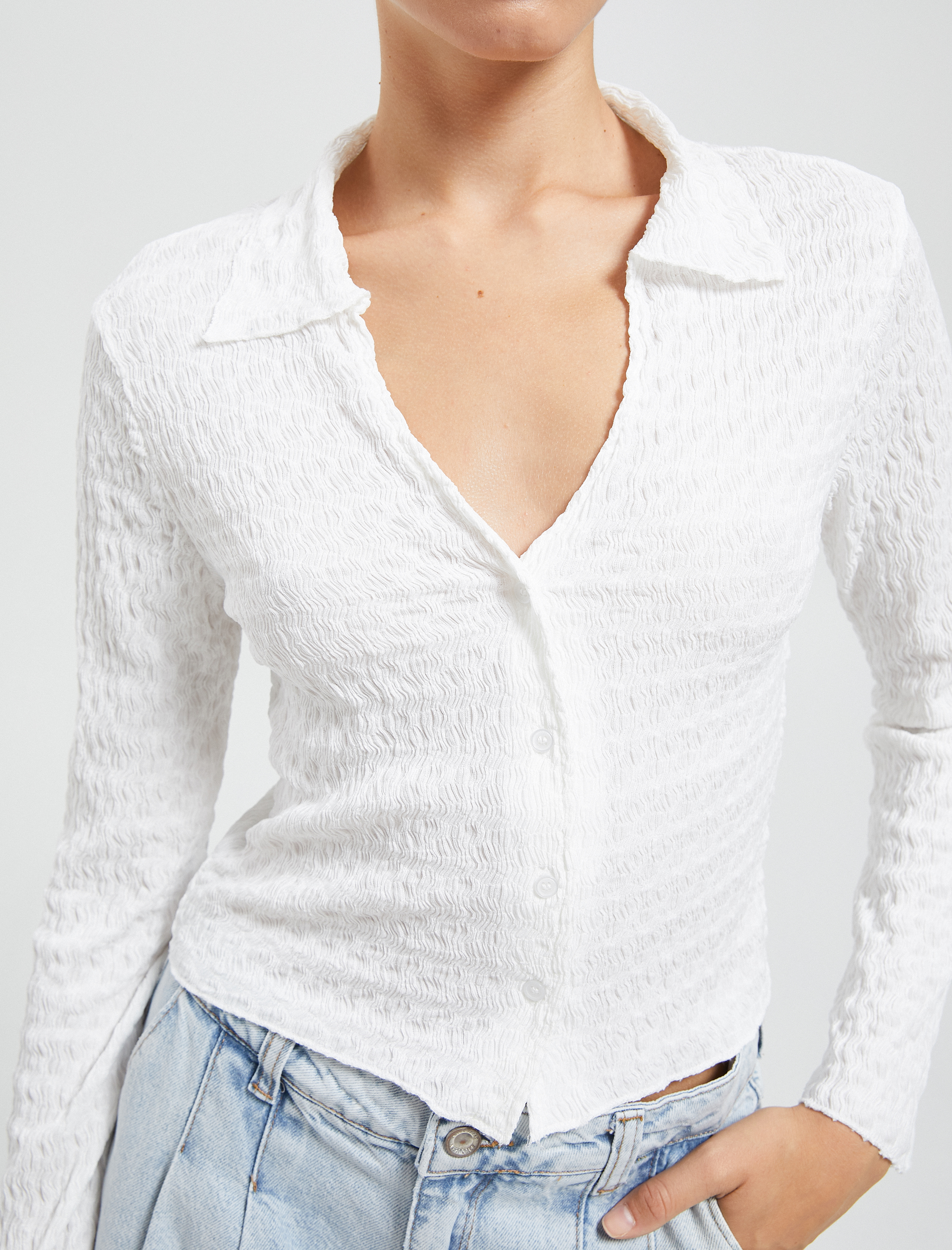   Uzun Kollu Tişört Gömlek Yaka Düğmeli Bürümcük