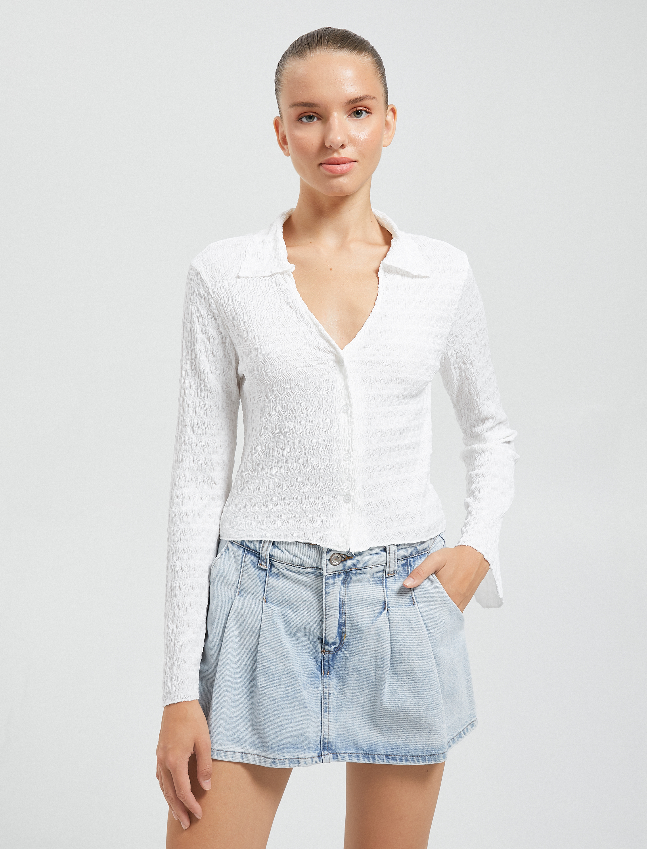   Uzun Kollu Tişört Gömlek Yaka Düğmeli Bürümcük