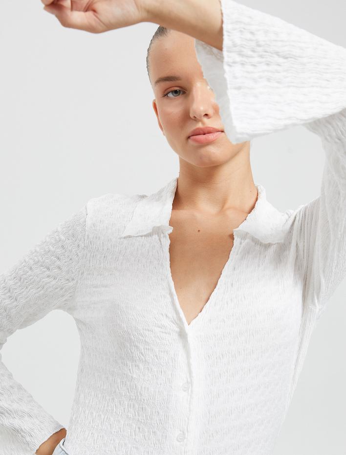  Uzun Kollu Tişört Gömlek Yaka Düğmeli Bürümcük