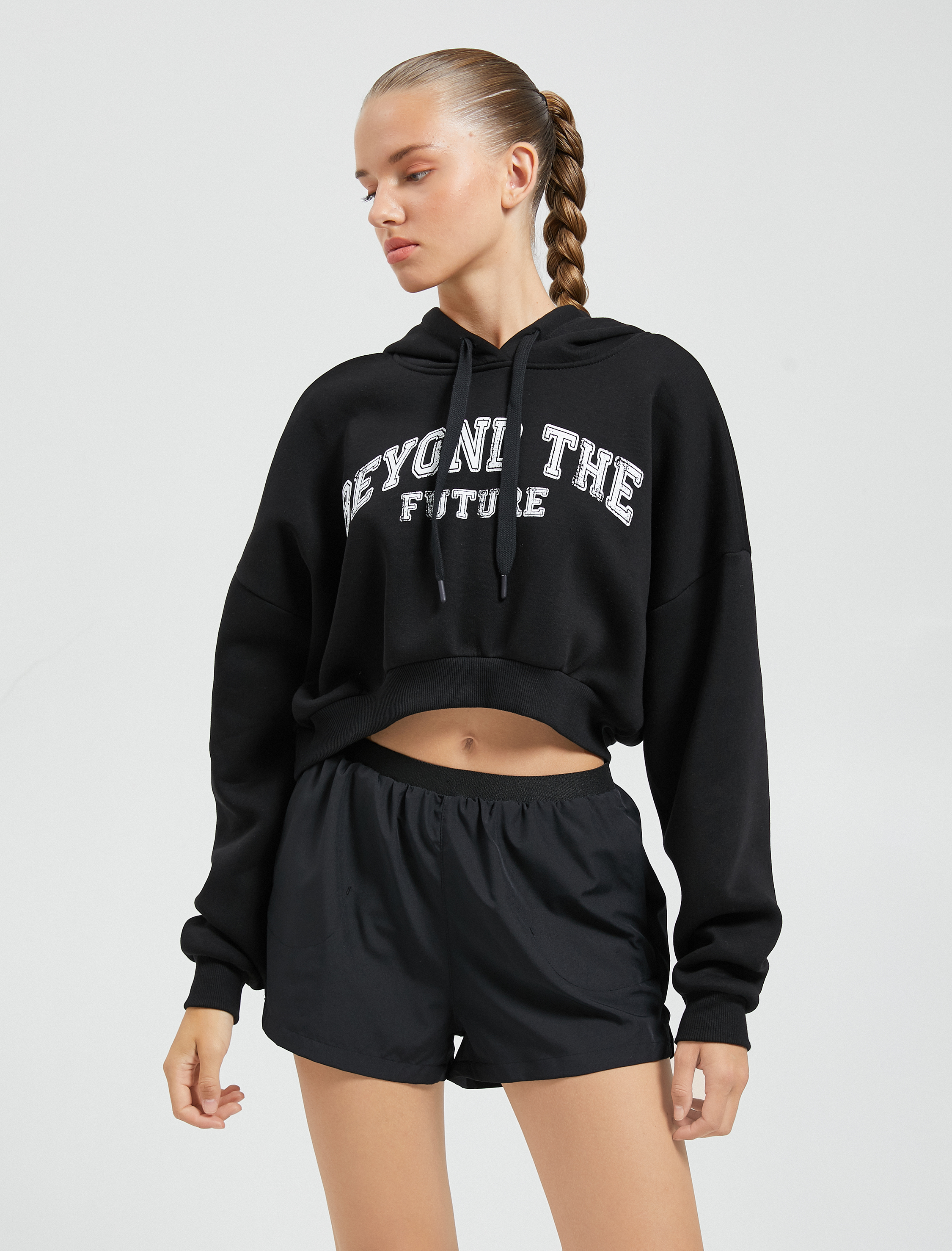   Şardonlu Crop Sweatshirt Spor Slogan Nakışlı Kapüşonlu Ribanalı