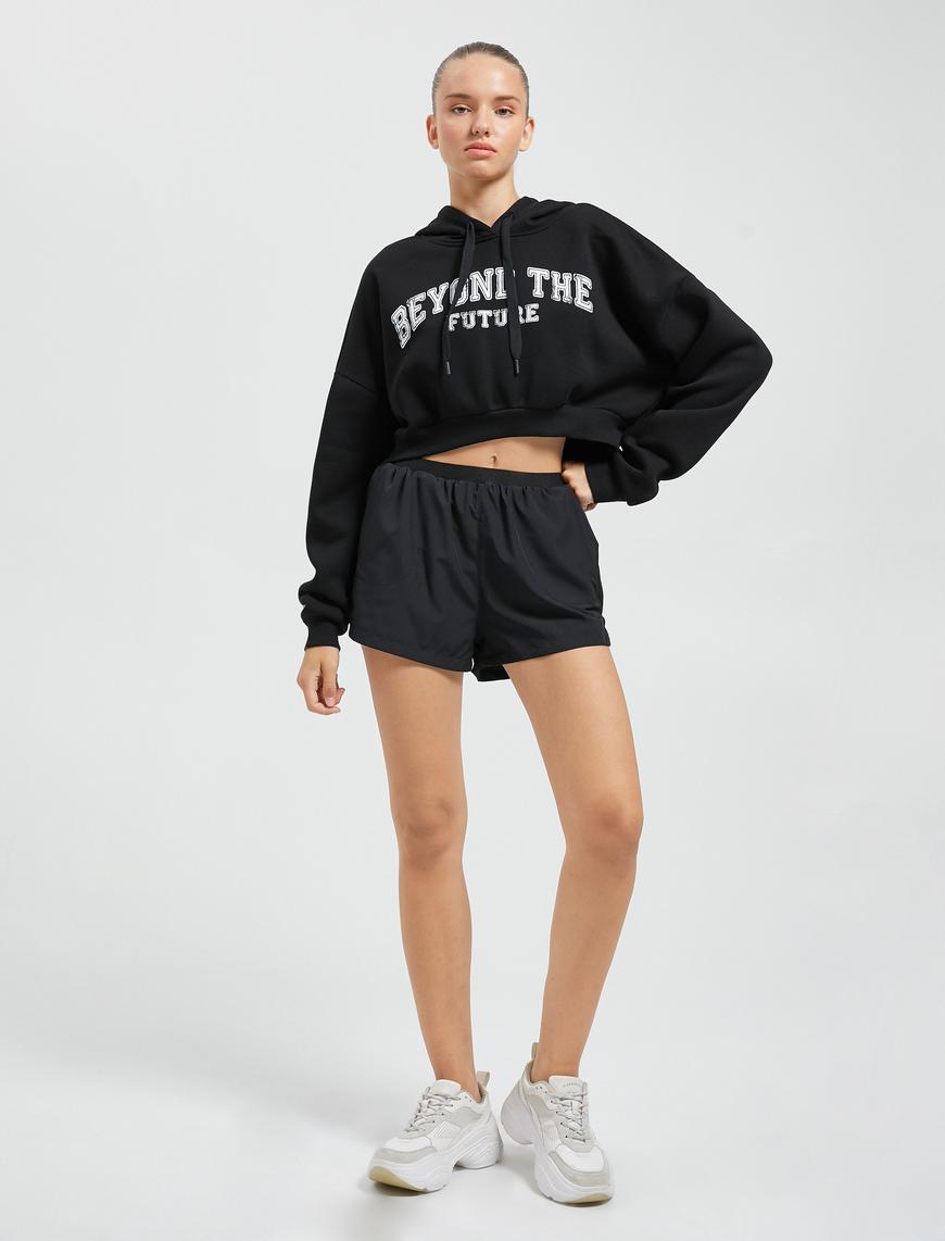   Crop Sweatshirt Spor Slogan Nakışlı Kapüşonlu Ribanalı