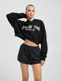 Crop Sweatshirt Spor Slogan Nakışlı Kapüşonlu Ribanalı