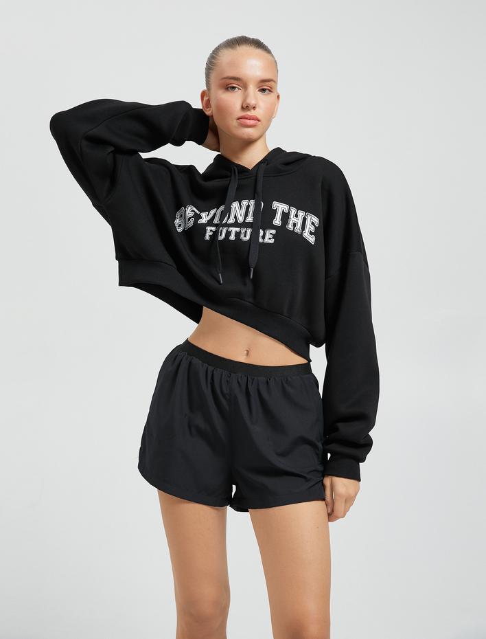  Şardonlu Crop Sweatshirt Spor Slogan Nakışlı Kapüşonlu Ribanalı