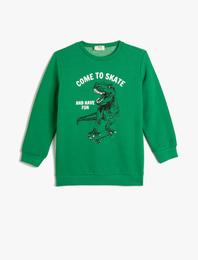 Dinozor Baskılı Sweatshirt Uzun Kollu Bisiklet Yaka Şardonlu Pamuklu