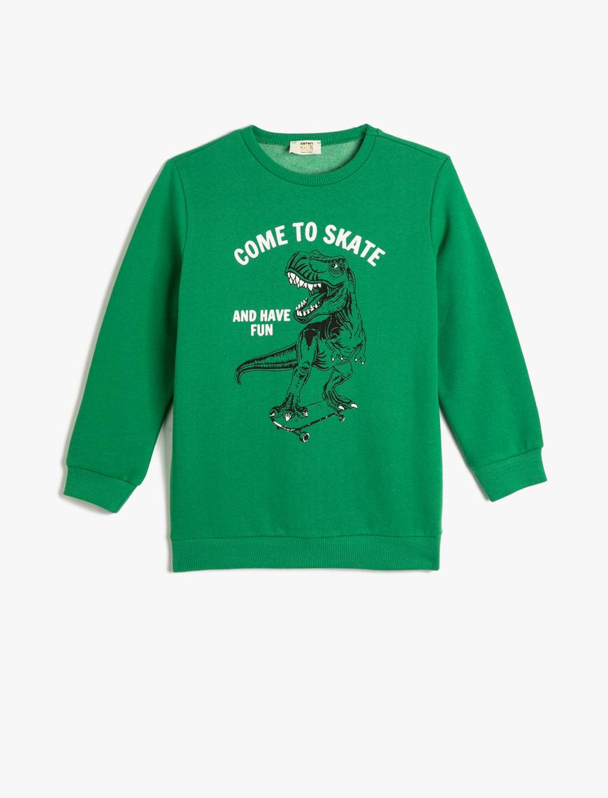  Erkek Çocuk Dinozor Baskılı Sweatshirt Uzun Kollu Bisiklet Yaka Şardonlu Pamuklu