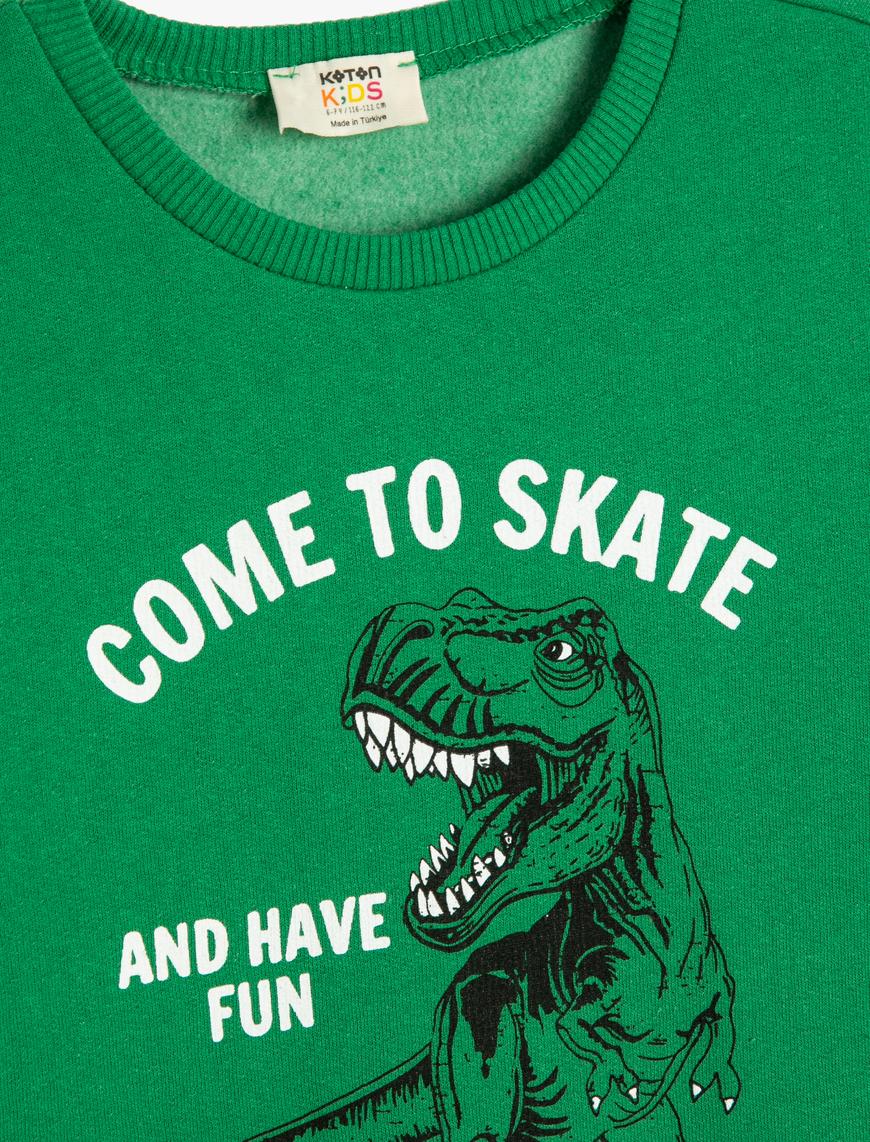  Erkek Çocuk Dinozor Baskılı Sweatshirt Uzun Kollu Bisiklet Yaka Şardonlu Pamuklu