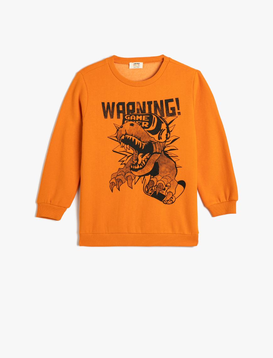  Erkek Çocuk Dinozor Baskılı Sweatshirt Uzun Kollu Bisiklet Yaka Pamuklu