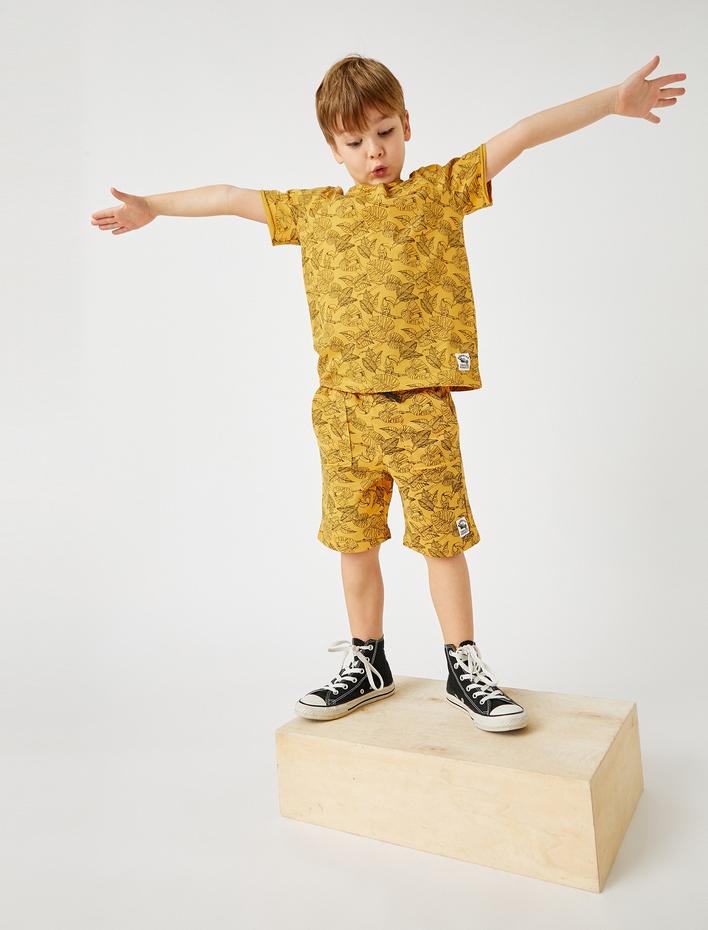 Erkek Çocuk Yaprak Baskılı Şort Pamuklu Beli Bağcıklı